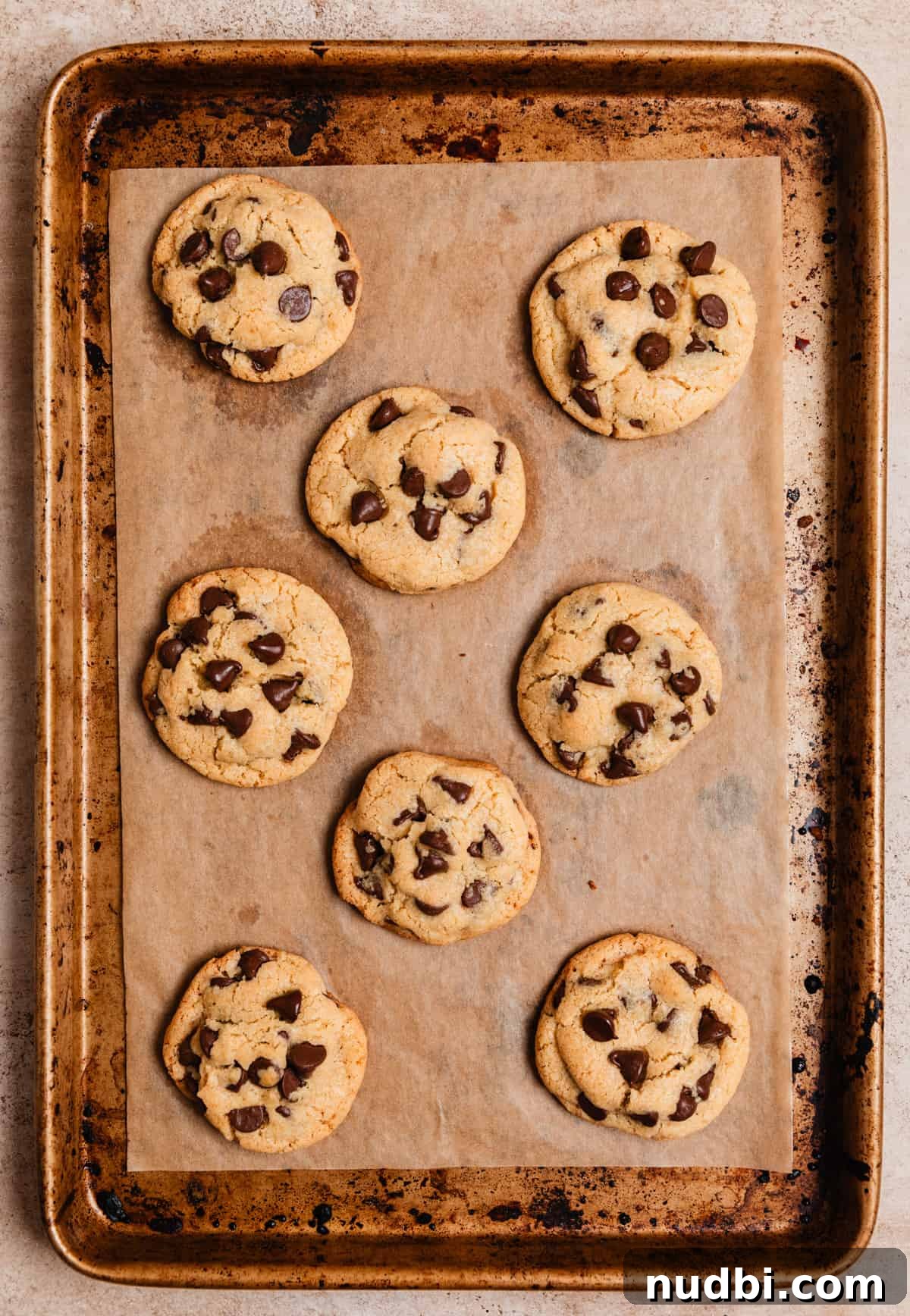 Small-Batch One-Bowl Chocolate Chip Cookies 8 Chocolate chip cookies baked on cookie sheet.