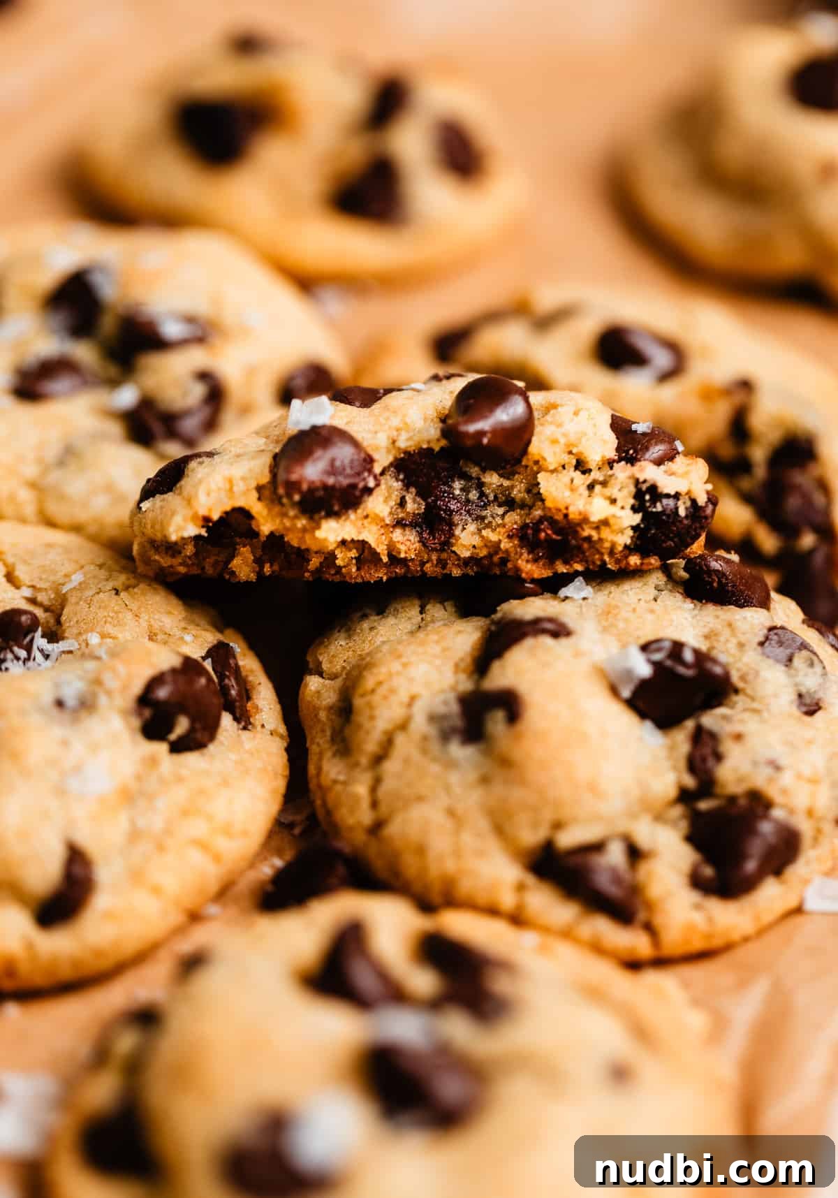 Small-Batch One-Bowl Chocolate Chip Cookies 9 Broken chocolate chip cookie on cookies scattered.