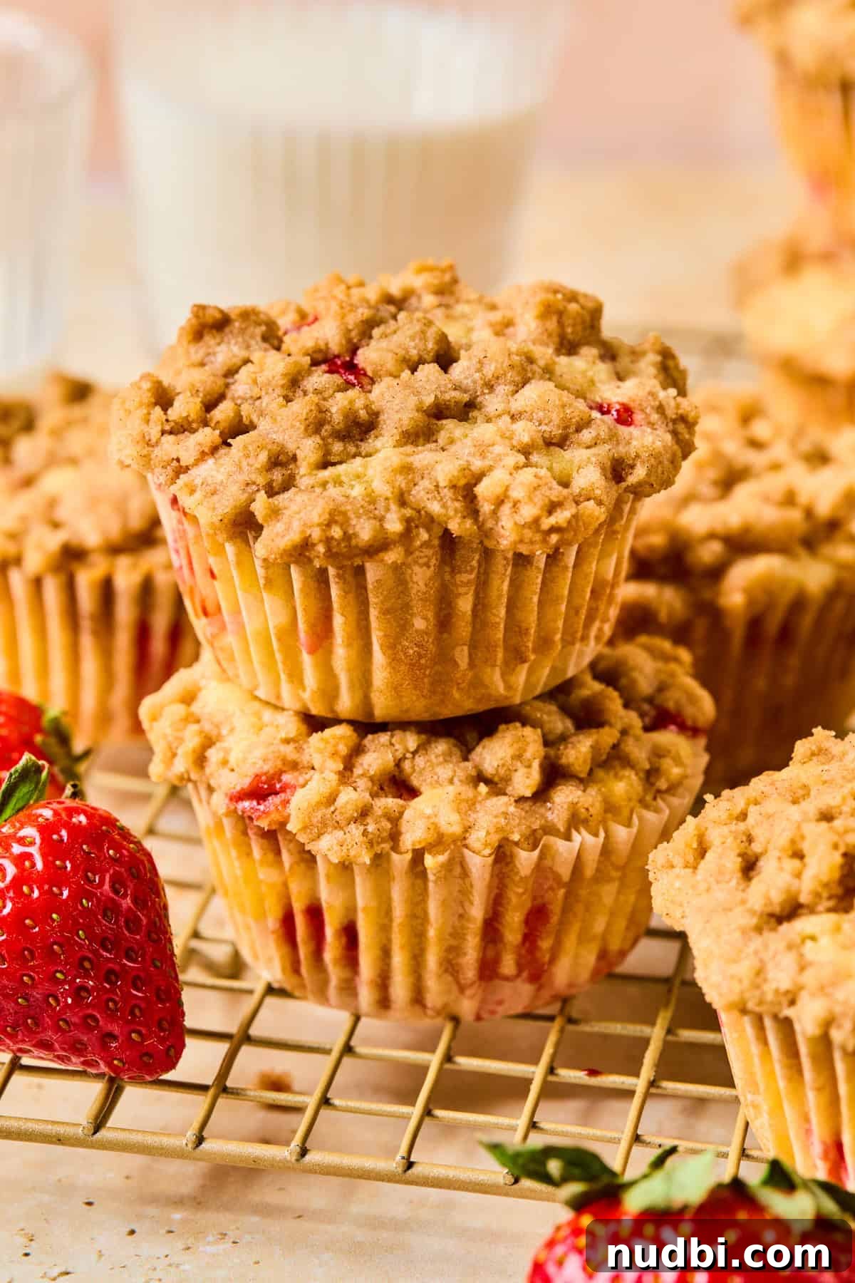 Strawberry Crumble Muffins: Moist Muffins with Crunchy Topping 2 Stack of strawberry crumb muffins on cooling rack with strawberries propped next to them.