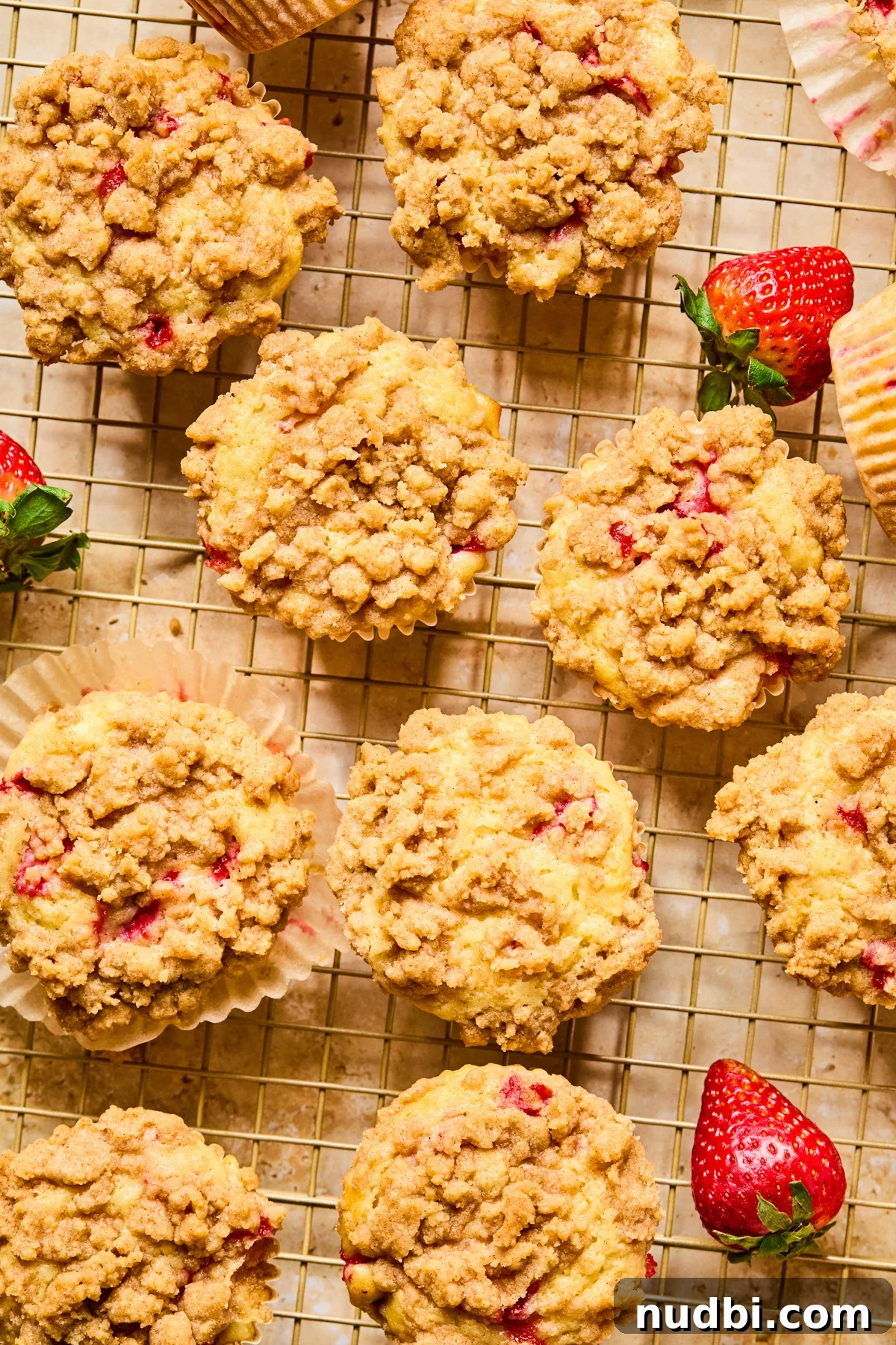 Strawberry Crumble Muffins: Moist Muffins with Crunchy Topping 13 Strawberry muffins with crumble topping on wire rack.