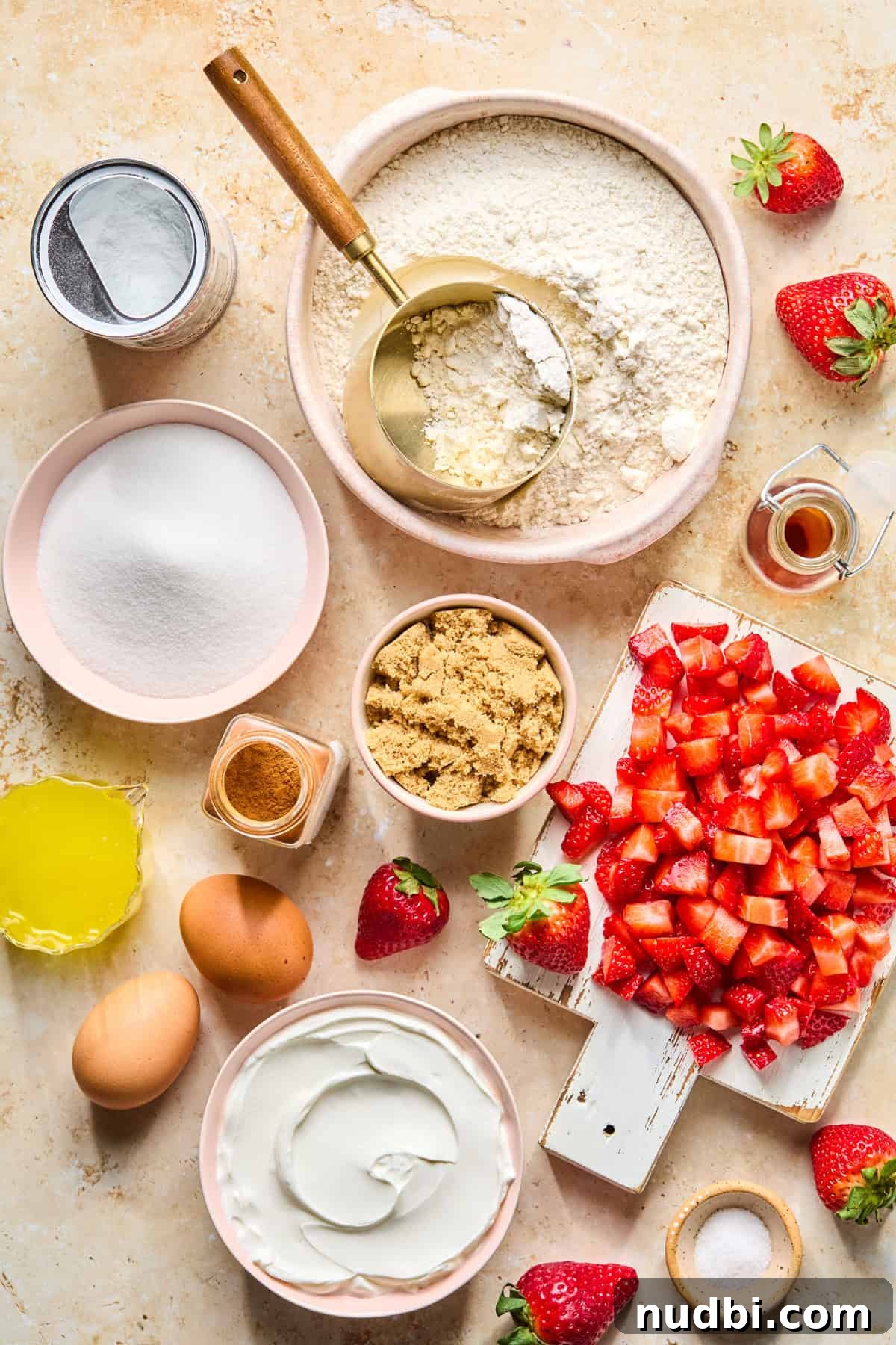 Strawberry Crumble Muffins: Moist Muffins with Crunchy Topping 4 Chopped strawberries, flour, butter, sugar and other ingredients for recipe.