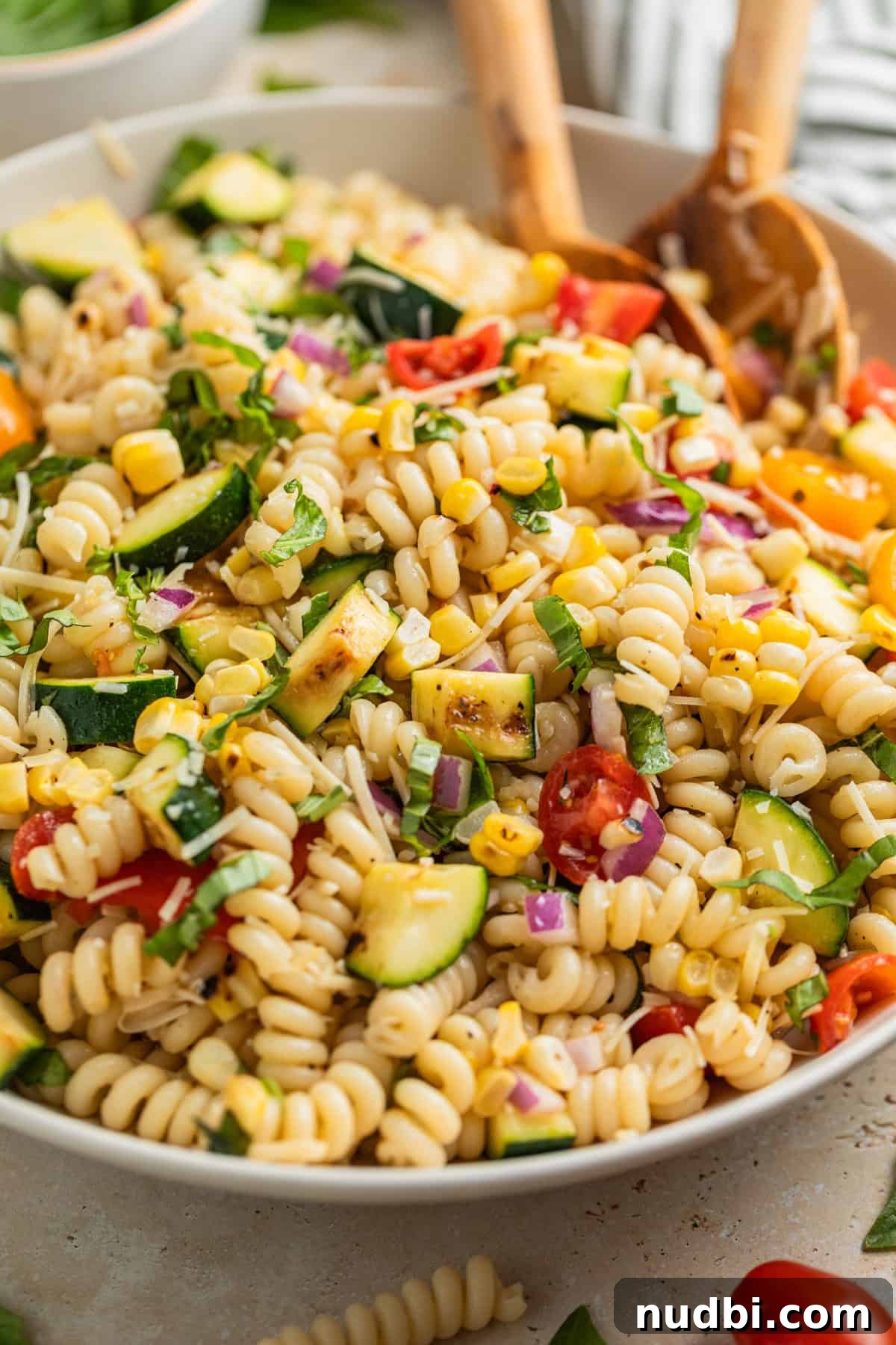 Grilled Zucchini Pasta Salad with Lemon Garlic Dressing 2 Pasta salad in bowl with grilled zucchini, corn, fresh tomatoes, and topped with basil and parmesan cheese.