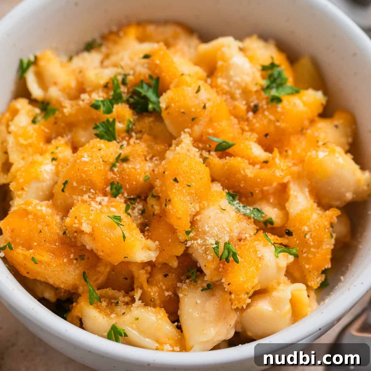 Bowl with protein mac and cheese with chopped parsley over top.