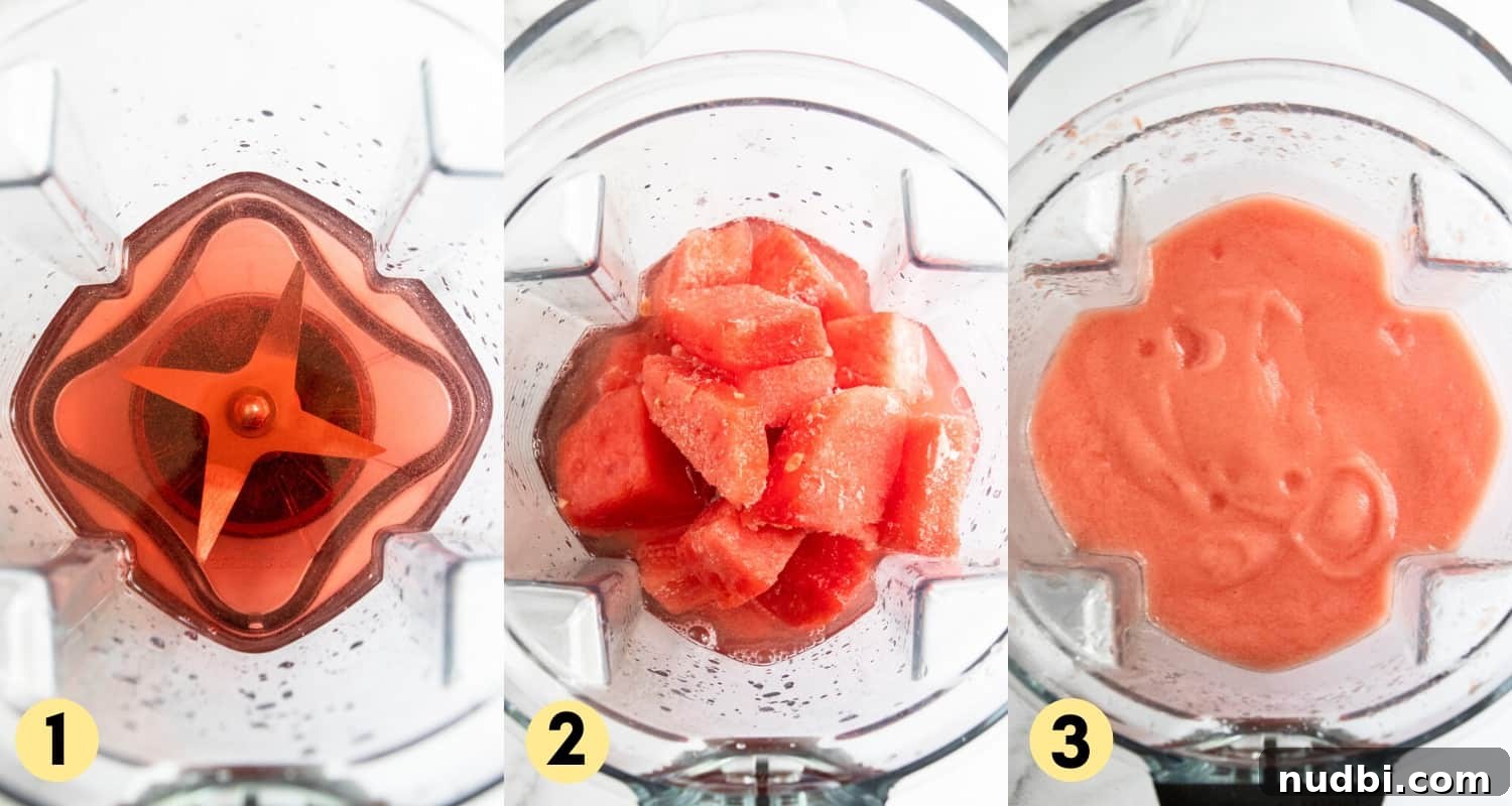 Watermelon Frosé Recipe: Frozen Rosé Cocktail for Summer 5 Frozen watermelon and rosé in blender.