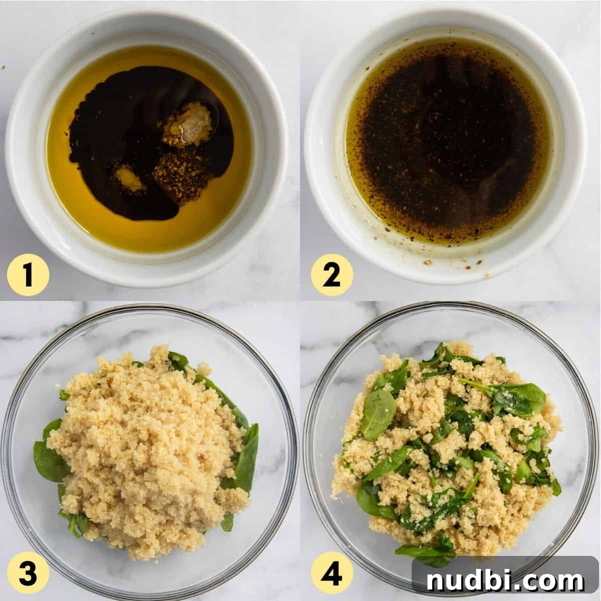 Summer Strawberry Quinoa Salad with Basil and Feta 4 Dressing ingredients in small bowl along with quinoa and spinach in mixing bowl.