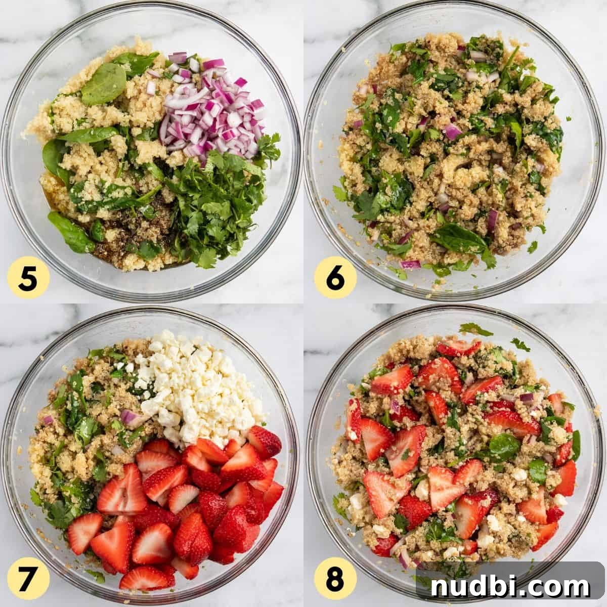 Summer Strawberry Quinoa Salad with Basil and Feta 5 Process photos to put together strawberry quinoa salad.