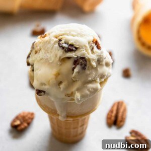 Homemade Butter Pecan Ice Cream Recipe You'll Love 5 butter pecan ice cream cone with pecans beside it.