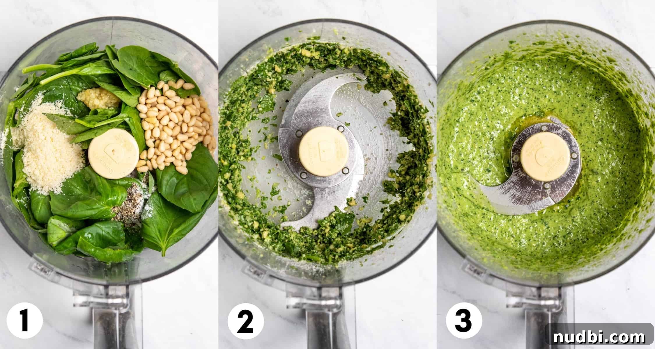 Smoked Provolone Turkey Pesto Pinwheels рецепт 3 Pesto ingredients in food processor being processed into pesto.
