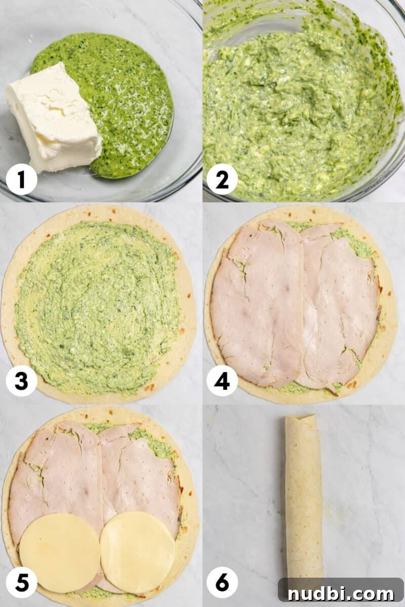 Smoked Provolone Turkey Pesto Pinwheels рецепт 4 Pesto pinwheels step by step photos including tortillas, pesto, turkey and cheese rolled up into tortilla.