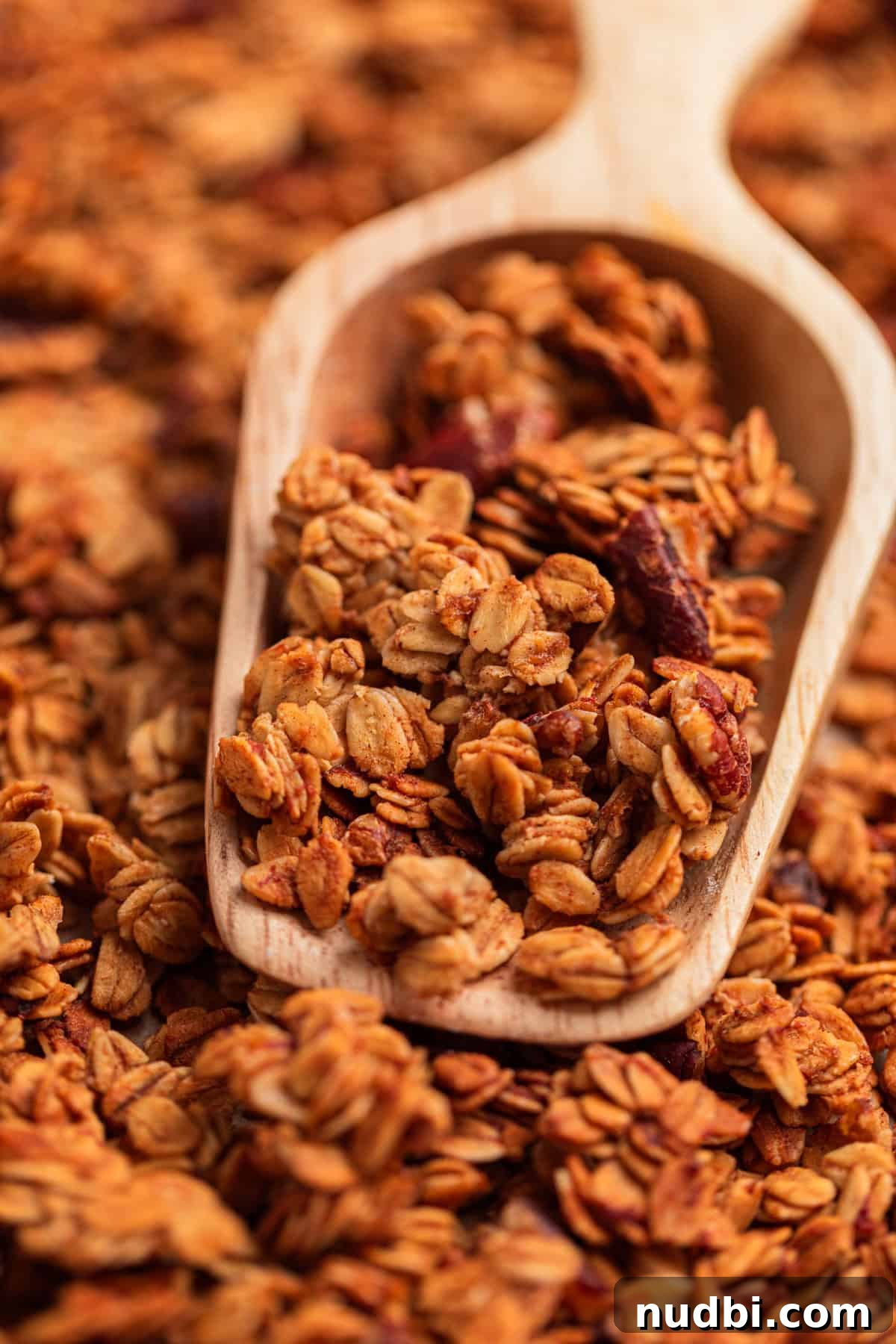 Banana Bread Granola Recipe — Crunchy Banana Oat Clusters 2 Banana bread granola in scoop on baking sheet.