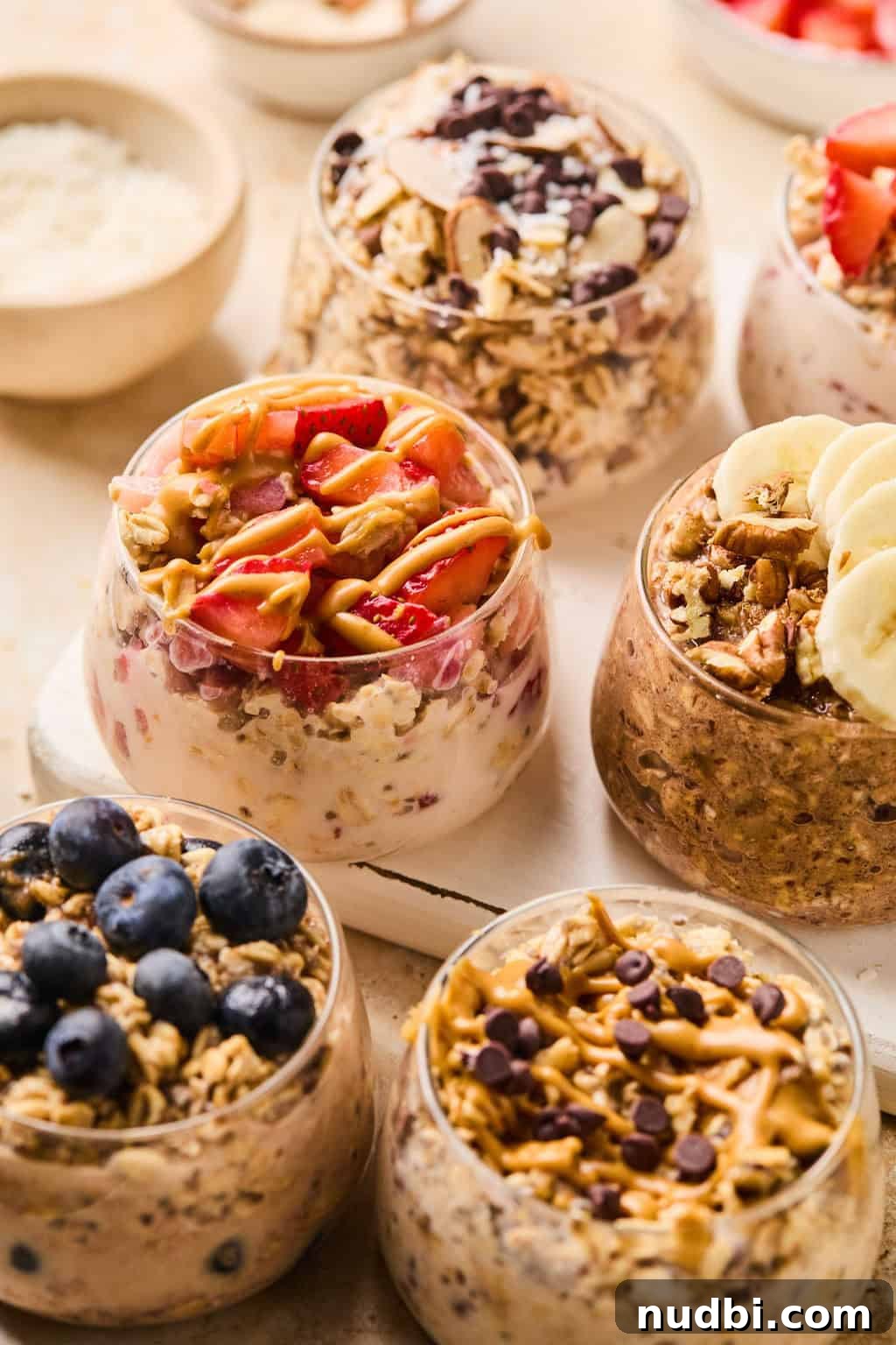 6 Overnight Oats Recipes for Quick, Nutritious Breakfasts 2 Glasses with overnight oats recipes prepared and topped with different garnishes.