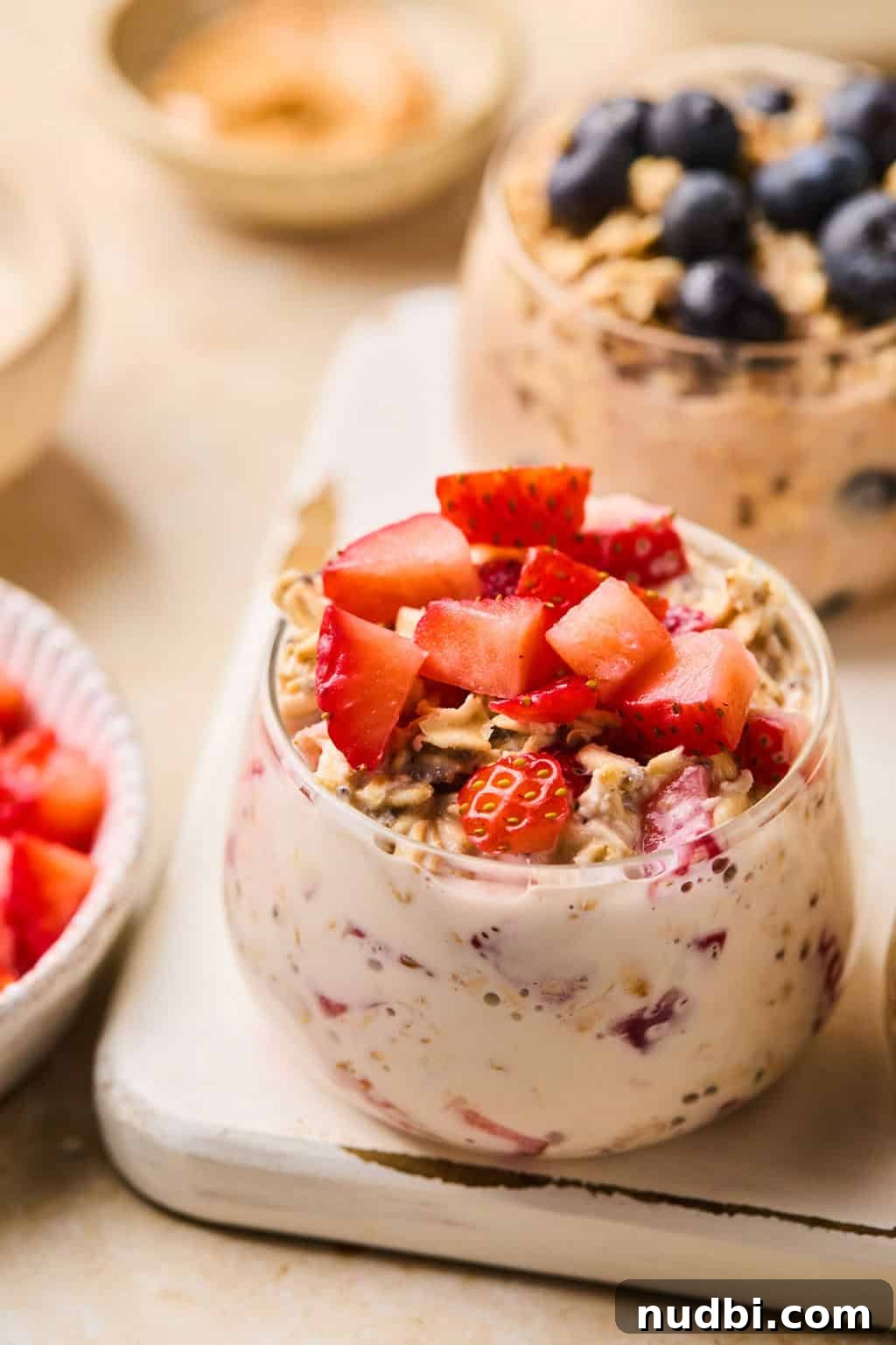 6 Overnight Oats Recipes for Quick, Nutritious Breakfasts 12 Prepared strawberries and cream oats in bowl with diced strawberries.