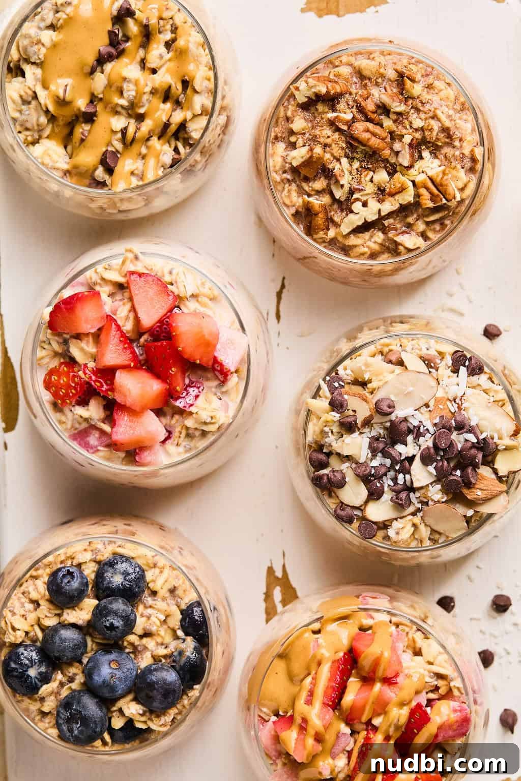 6 Overnight Oats Recipes for Quick, Nutritious Breakfasts 13 Overhead view of six easy overnight oats recipes prepared in glass dishes including peanut butter and jelly, blueberry muffin, peanut butter chocolate and more.
