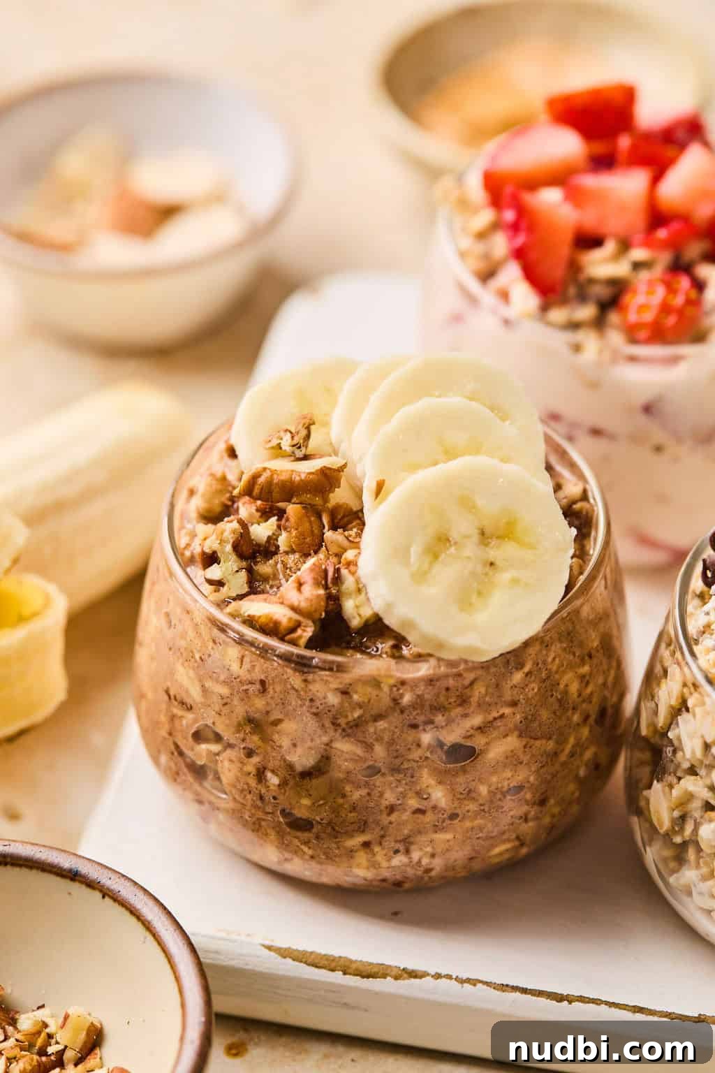 6 Overnight Oats Recipes for Quick, Nutritious Breakfasts 7 Banana bread overnight oatmeal in glass topped with sliced bananas.