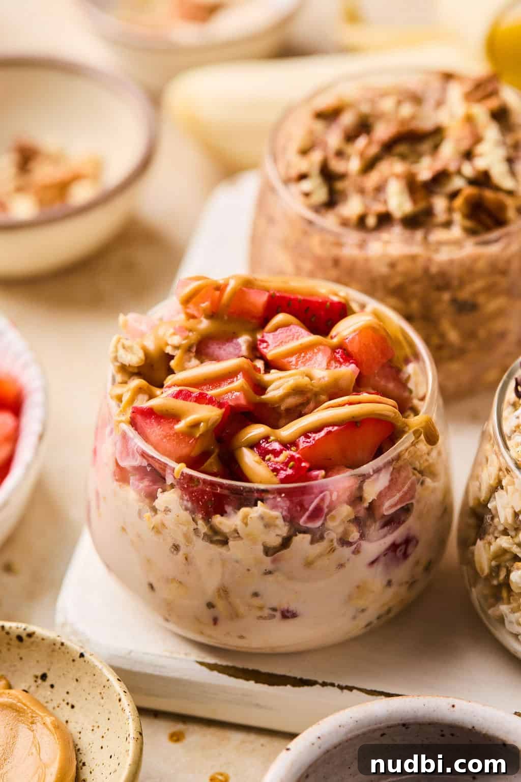 6 Overnight Oats Recipes for Quick, Nutritious Breakfasts 9 Pb and J oatmeal in dish topped with strawberries and a drizzle of peanut butter.