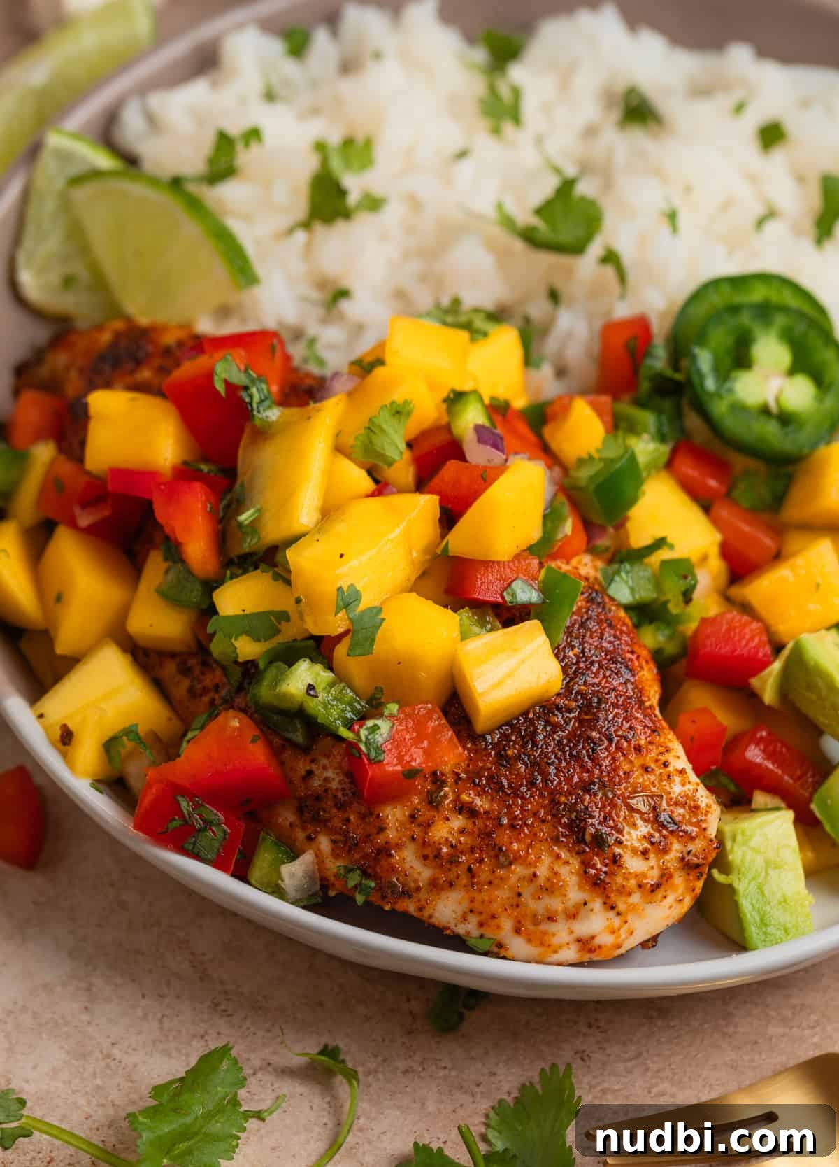 Grilled Chicken with Fresh Mango Salsa Recipe 2 Baked chicken with spices and seasoning topped with mango salsa and freshly chopped cilantro.