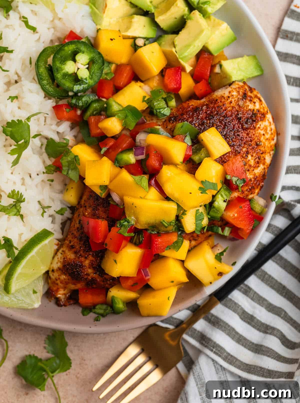 Grilled Chicken with Fresh Mango Salsa Recipe 3 Plate of white rice with baked chicken with mango salsa.
