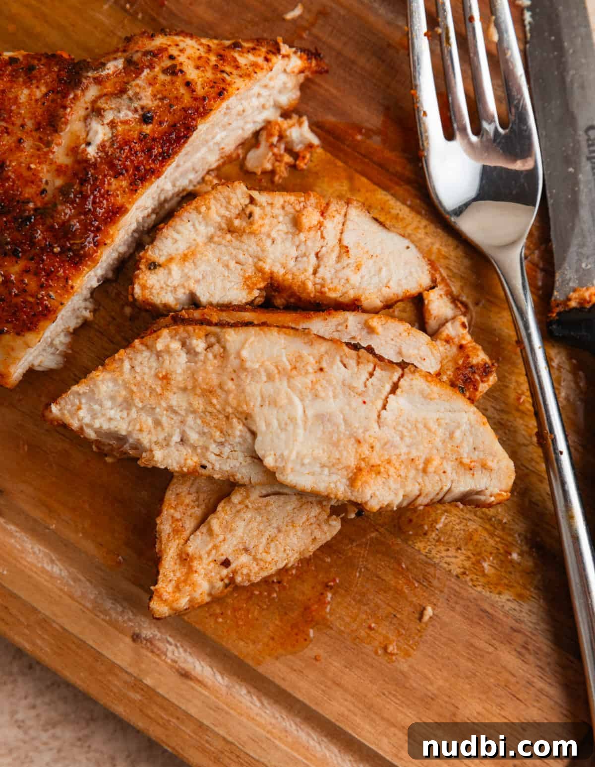 Grilled Chicken with Fresh Mango Salsa Recipe 8 Sliced chicken breast on cutting board with fork and knife.