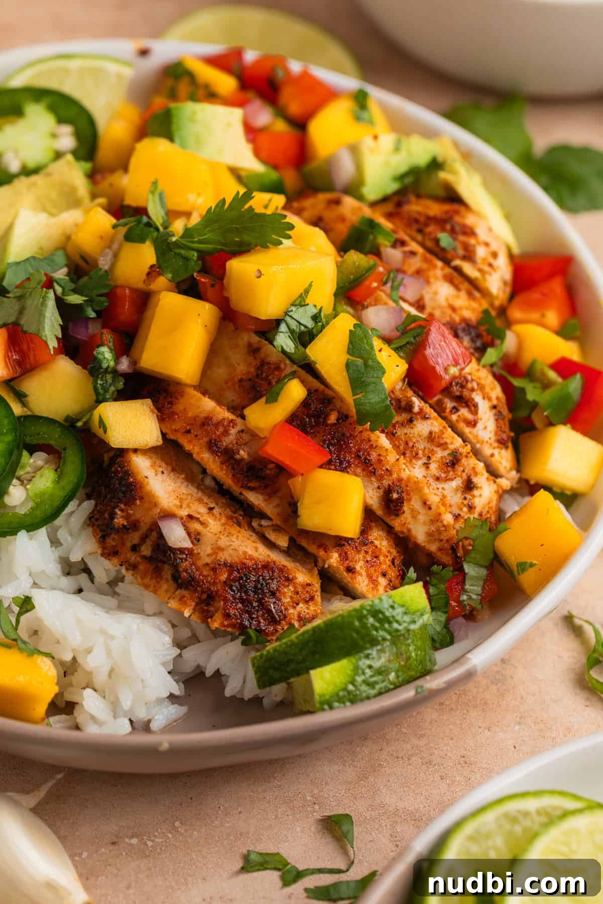 Grilled Chicken with Fresh Mango Salsa Recipe 9 Sliced chicken breast on a bed of rice with mango salsa.