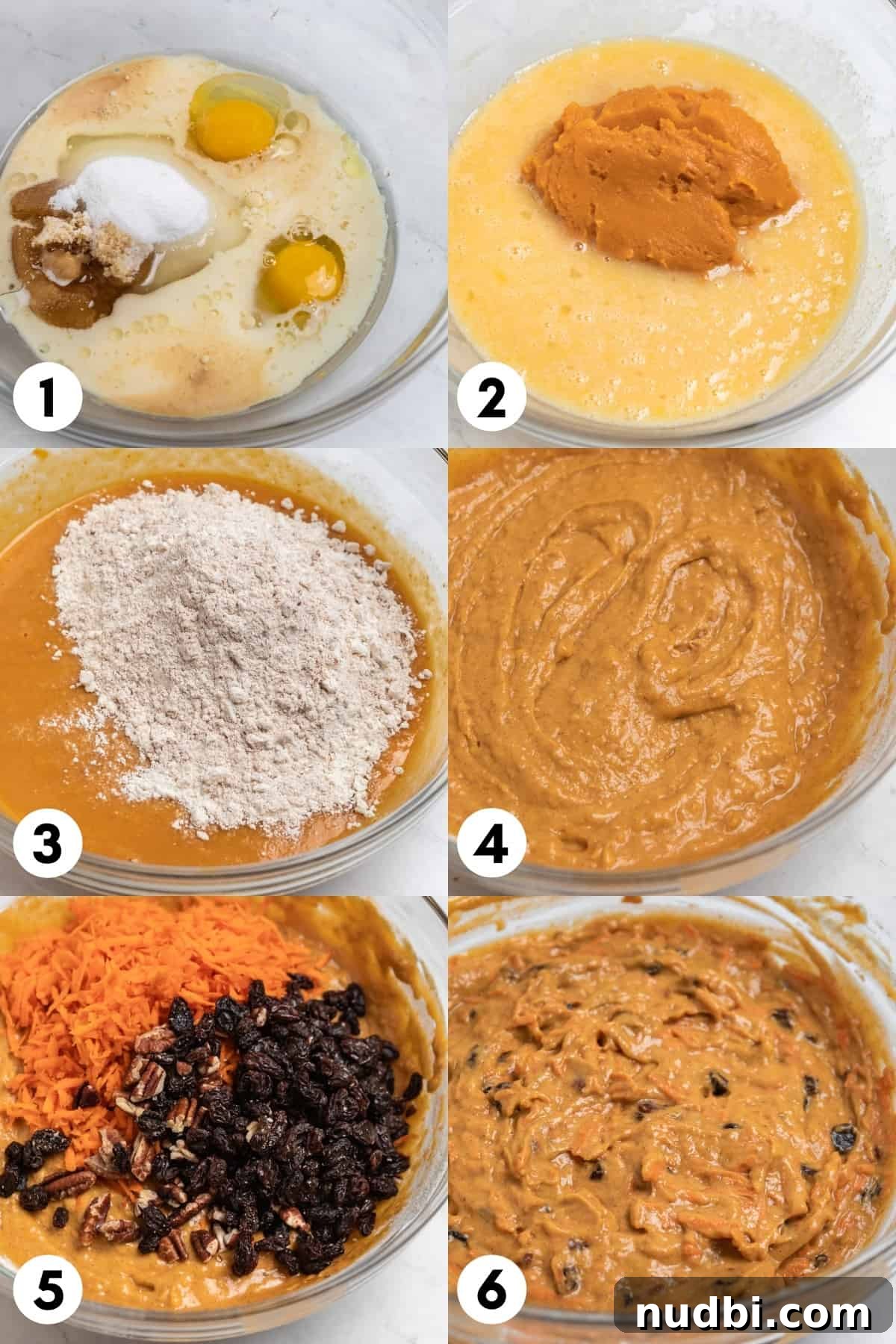Moist Pumpkin and Carrot Muffins with Warm Spices 5 Labeled steps to make muffin recipe with mixing bowl in each image with batter steps.