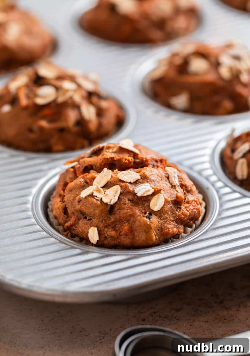 Moist Pumpkin and Carrot Muffins with Warm Spices 8 Baked muffins in muffin pan straight from the oven.
