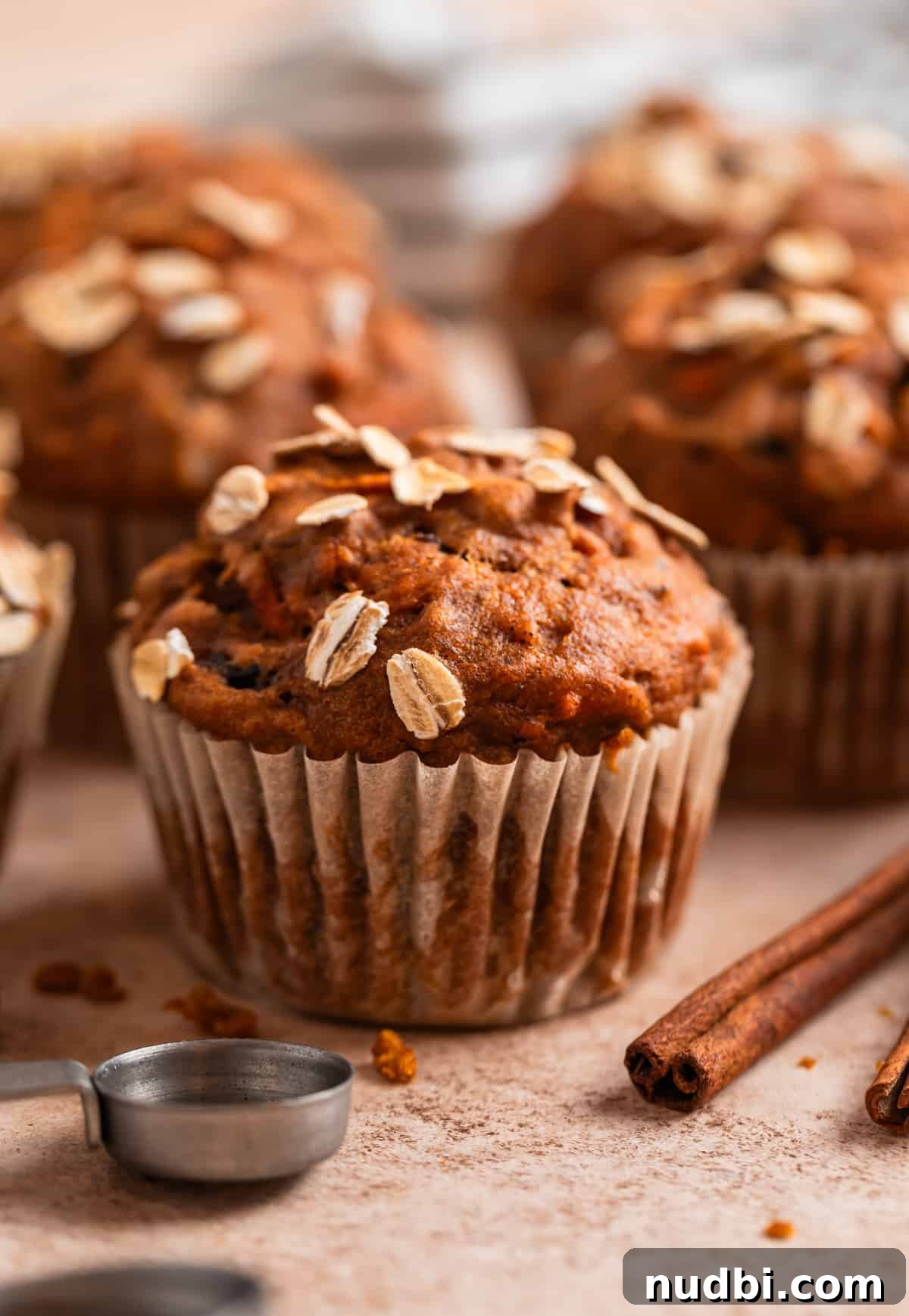 Moist Pumpkin and Carrot Muffins with Warm Spices 9 Pumpkin muffins with rolled oats on top and cinnamon sticks beside them.