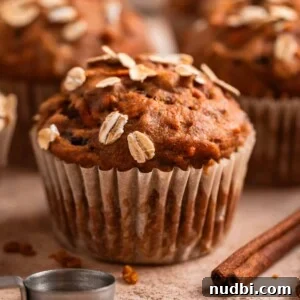 Moist Pumpkin and Carrot Muffins with Warm Spices 10 Pumpkin muffins with carrots topped with rolled oats on counter with cinnamon sticks and measuring spoons beside them.