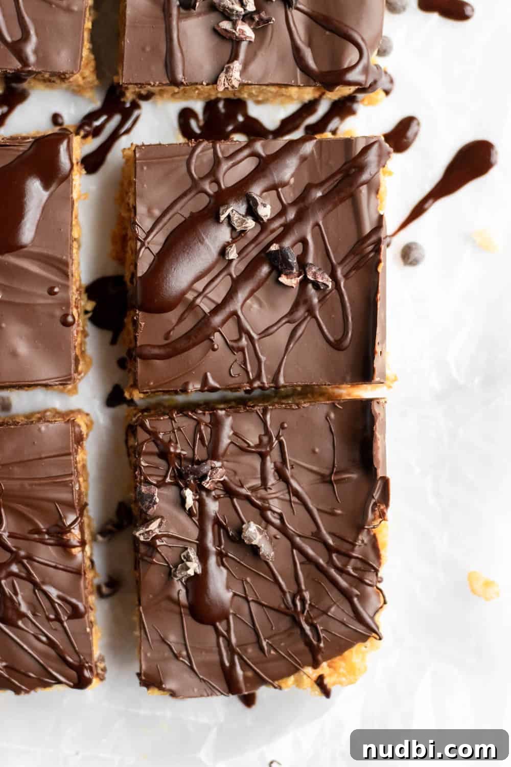 Chocolate Peanut Butter Rice Krispie Treats Recipe 4 Overhead view of chocolate covered peanut butter rice krispie treats sliced.