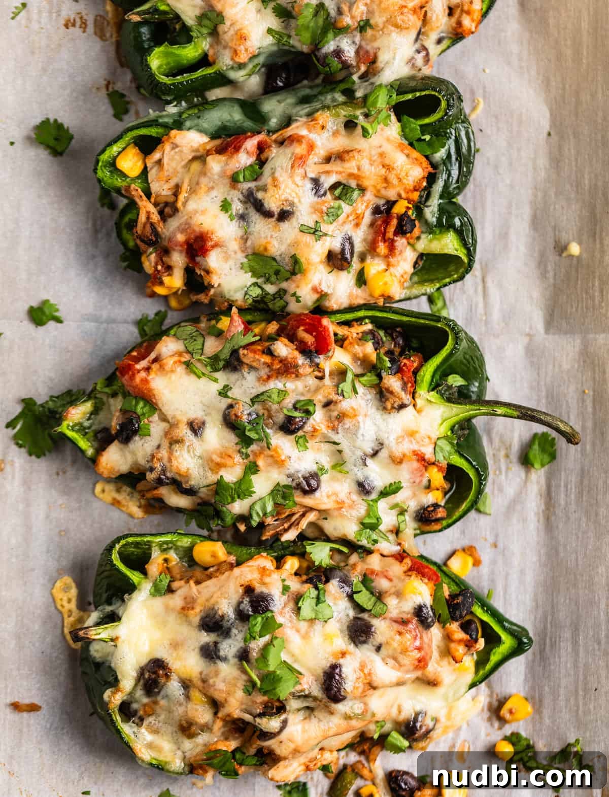 Chicken-Stuffed Poblano Peppers with Savory Cheese Filling 2 Chicken stuffed poblano peppers on parchment lined baking sheet topped with freshly chopped cilantro.