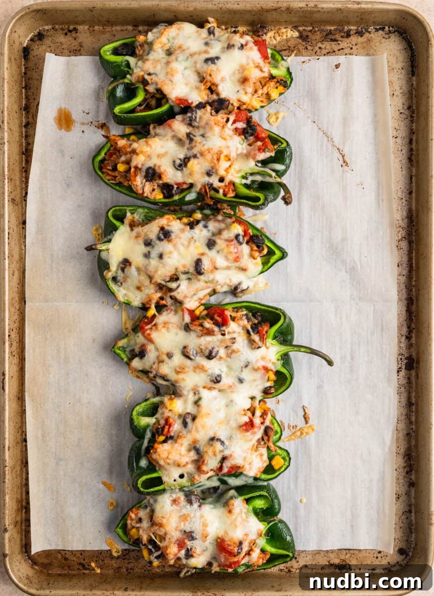 Chicken-Stuffed Poblano Peppers with Savory Cheese Filling 8 Cooked poblano peppers stuffed with chicken and black bean mixture.