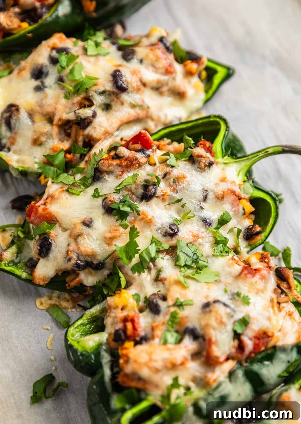 Chicken-Stuffed Poblano Peppers with Savory Cheese Filling 9 Stuffed poblano peppers lined up and topped with melted cheese and cilantro.