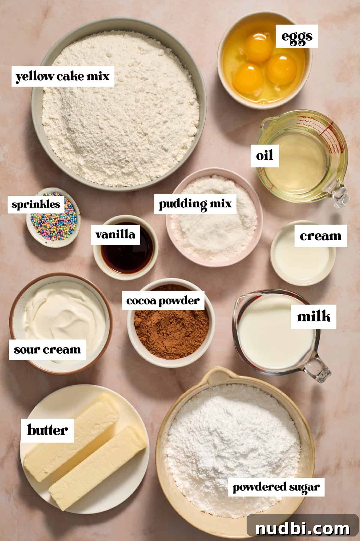 Perfect Cupcake Recipes Using Cake Mix for Fluffy Results 4 Eggs, butter, pudding mix and other ingredients labeled on surface.