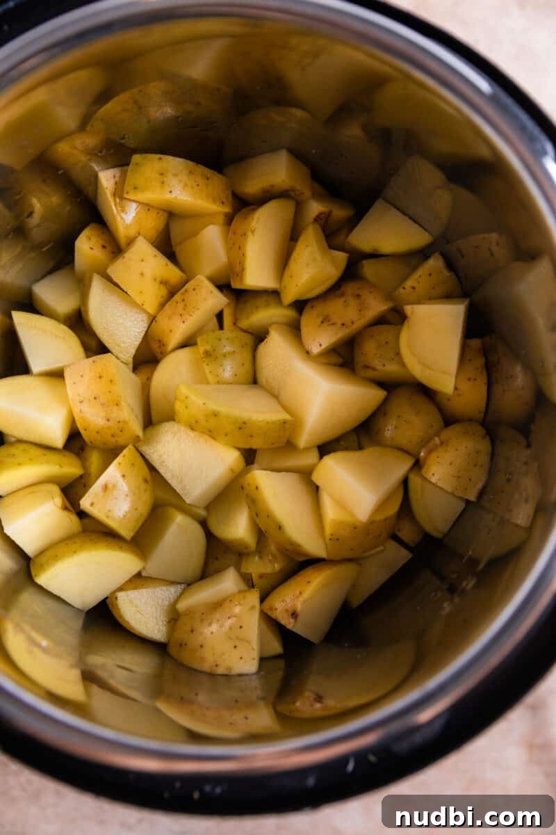 Garlic Parmesan Mashed Potatoes Made in the Instant Pot 4 Cubed gold yukon potatoes in Instant Pot.