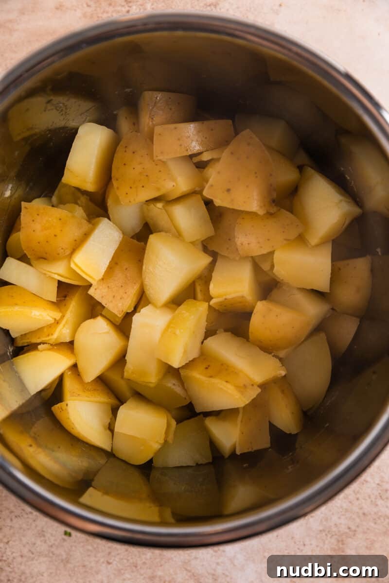 Garlic Parmesan Mashed Potatoes Made in the Instant Pot 5 Potatoes in pressure cooker after cooking.