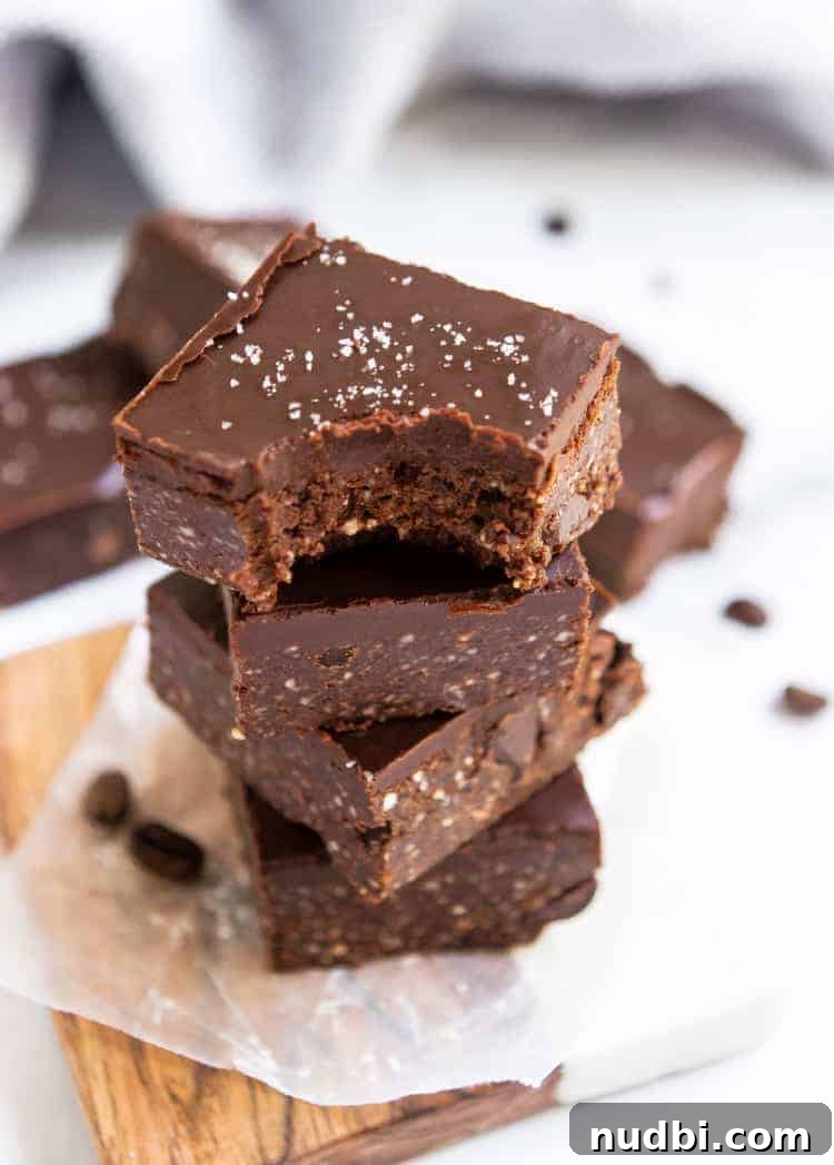 Decadent No-Bake Fudgy Brownies You Can Make Without an Oven 2 Stack of no bake mocha brownies.