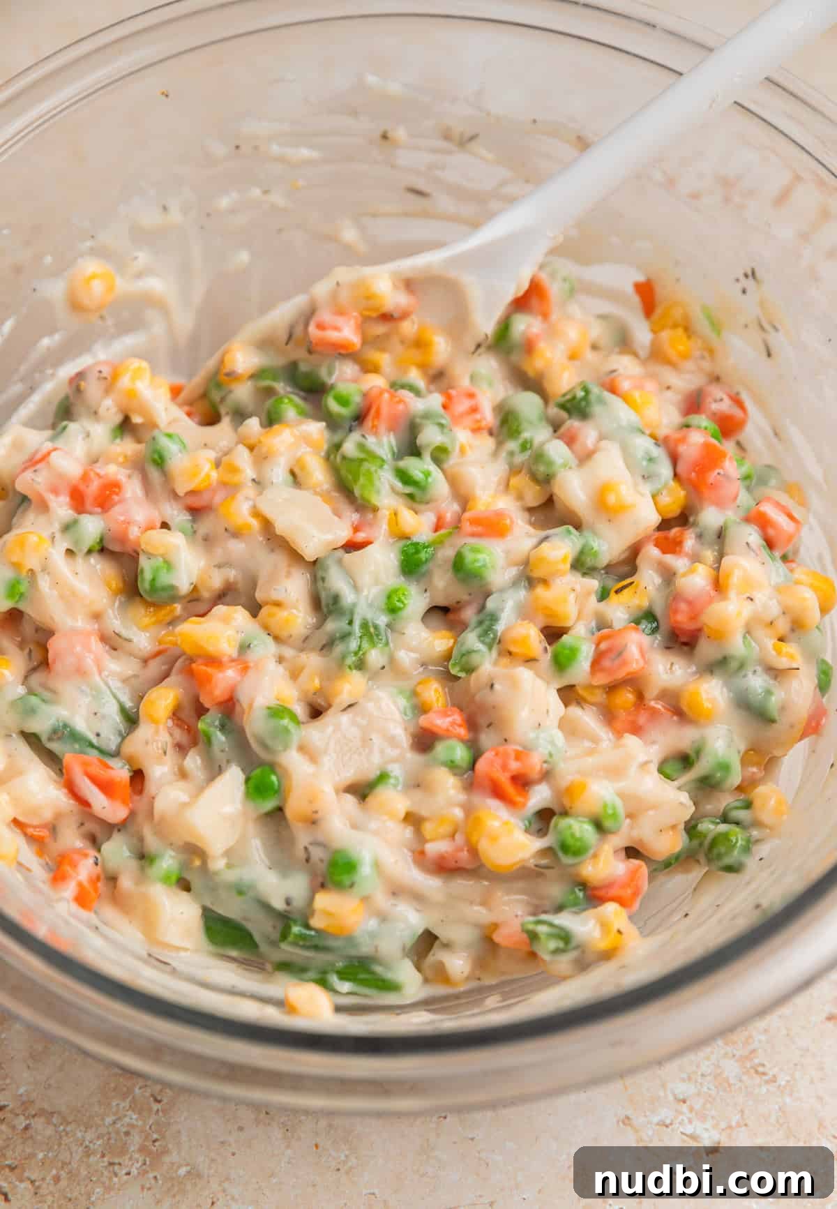 Savory Ground Beef Pot Pie Recipe with Flaky Crust 5 Mixed pot pie vegetable mixture in bowl with white spoon.