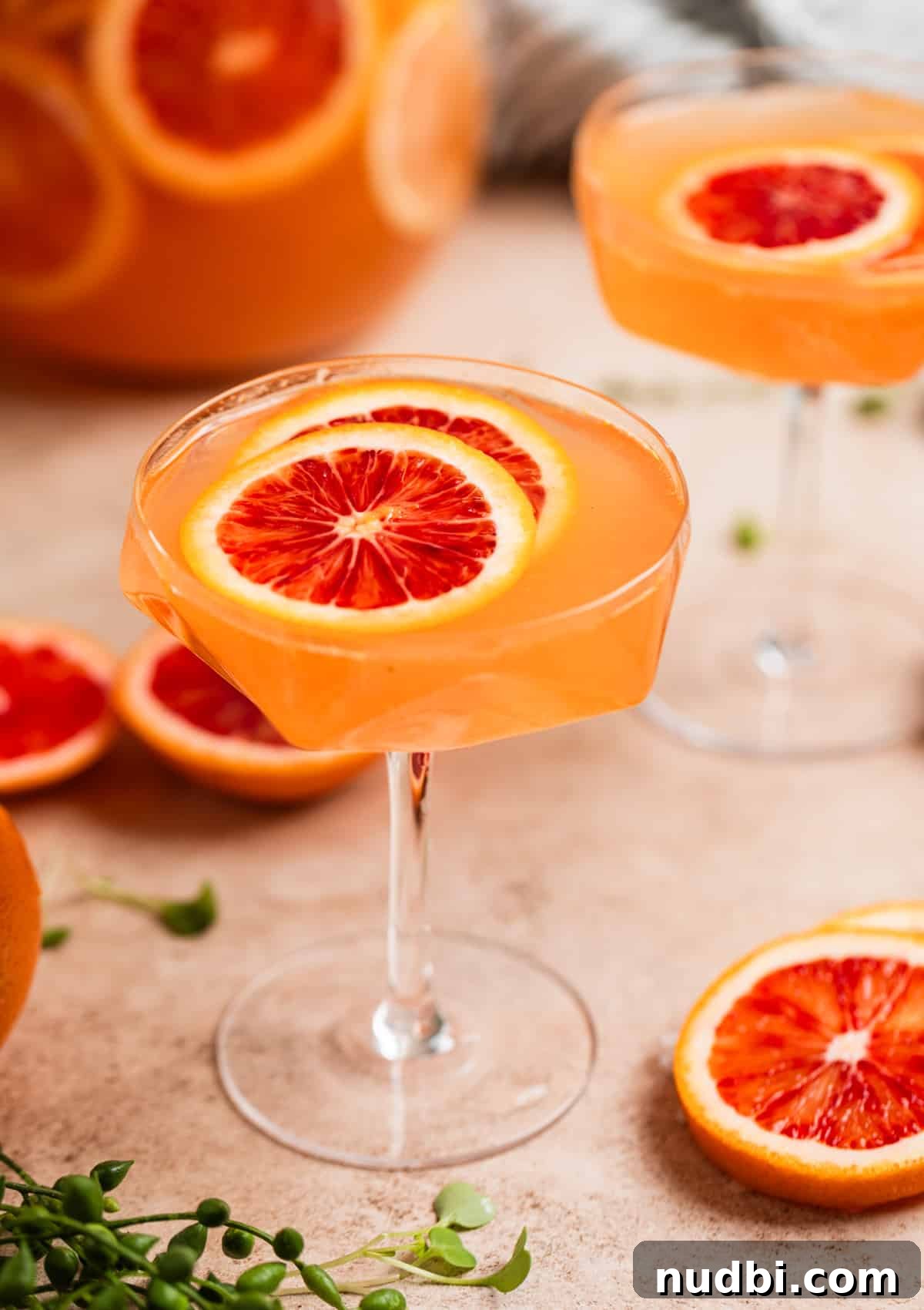 Blood Orange Champagne Sangria Recipe for Sparkling Brunch Drinks 2 Blood orange champagne sangria in champagne glass with garnish.
