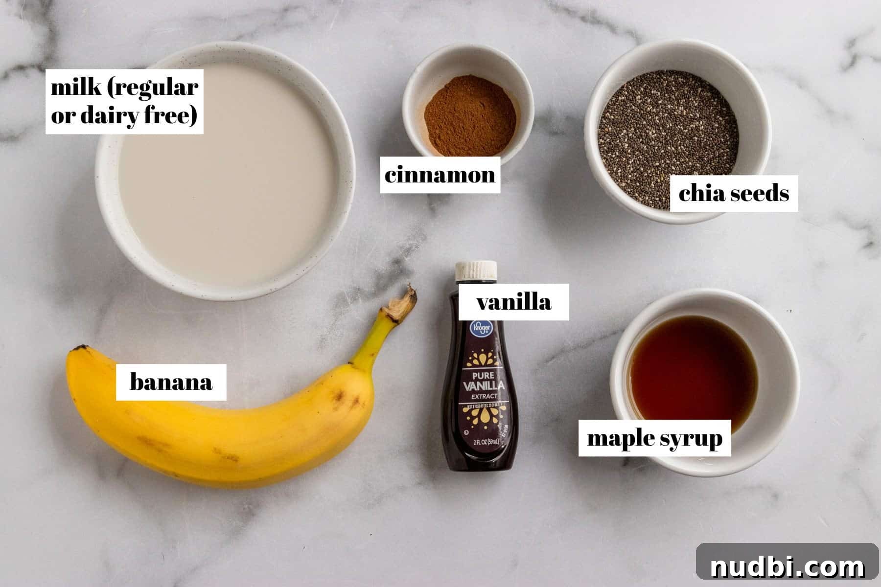 Creamy Banana Chia Seed Pudding Recipe for Breakfast & Snacks 3 Ingredients to make recipe on counter.