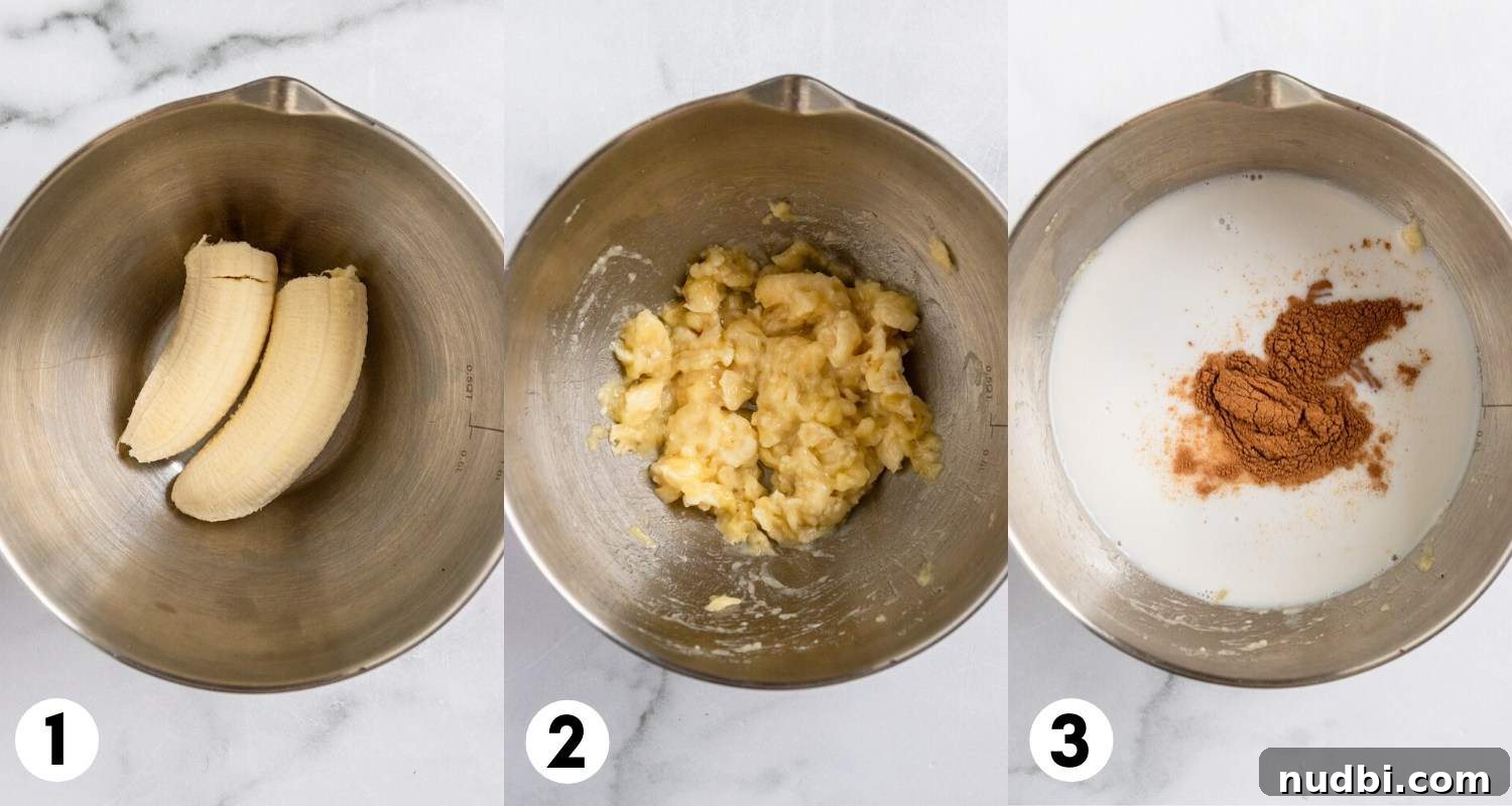 Creamy Banana Chia Seed Pudding Recipe for Breakfast & Snacks 4 Banana mashed in bowl and milk and cinnamon added to bowl.