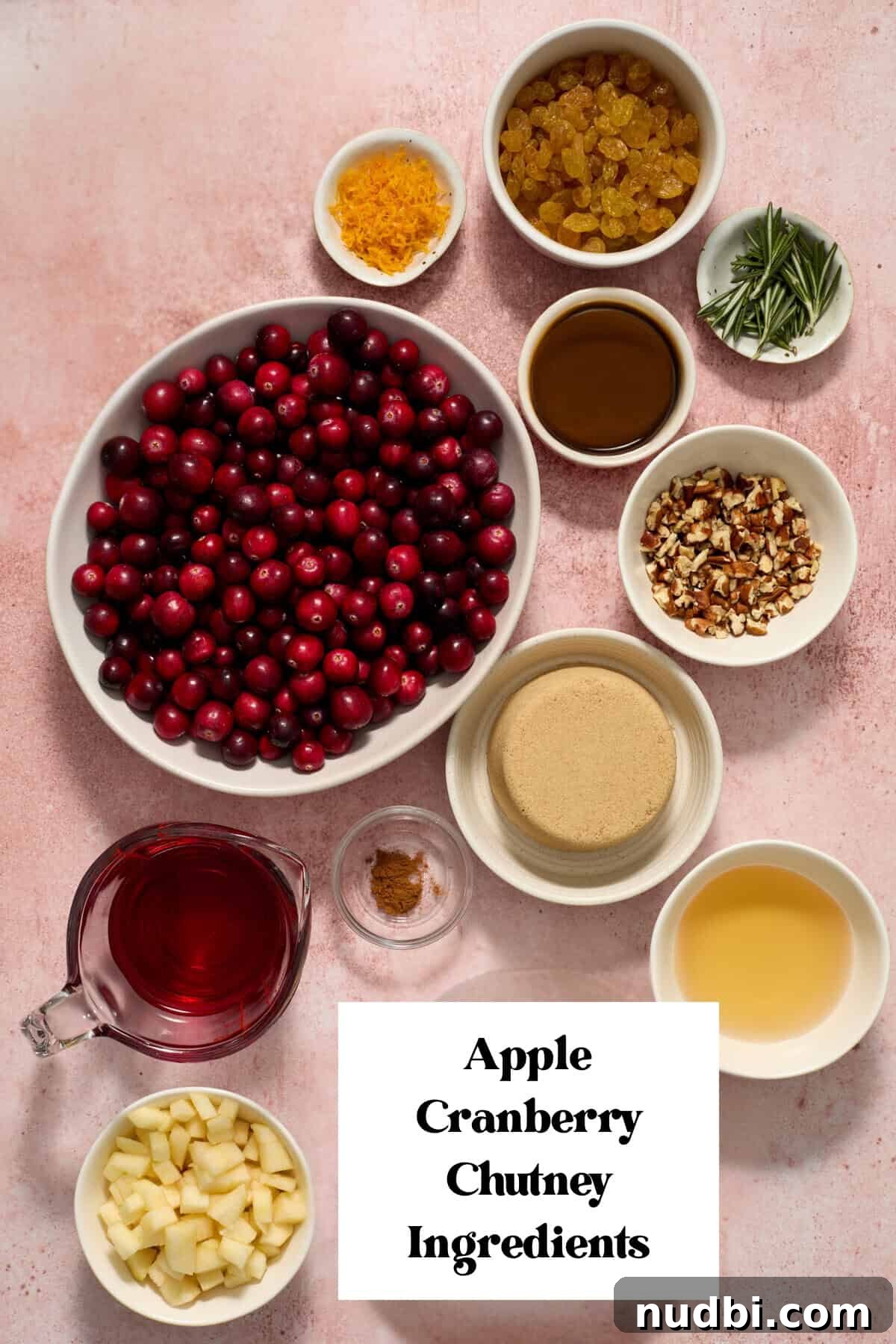 Cranberry Apple Chutney Recipe for Holidays and Leftovers 3 Cranberries, apples, brown sugar, orange zest and juice and other ingredients arranged for recipe.