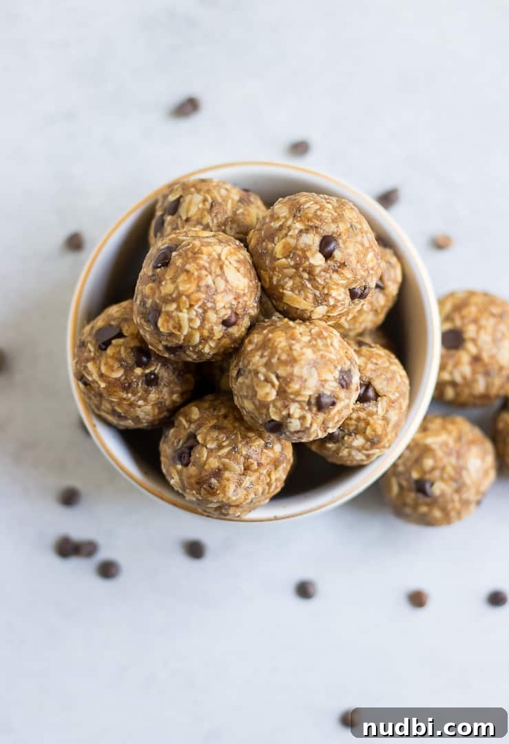 Peanut Butter Banana Oat Energy Bites for Quick Breakfast 4 Overhead view of banana oatmeal balls with chocolate chips.