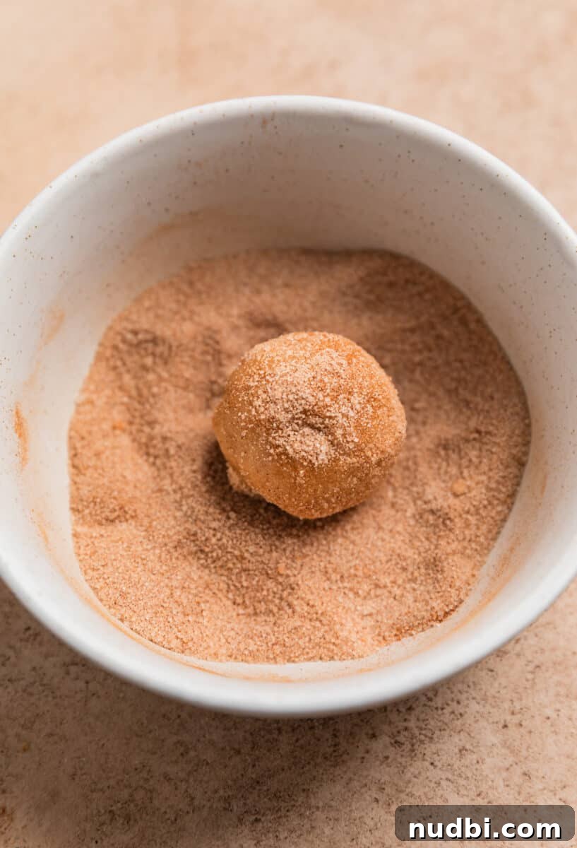 Chewy Snickerdoodle Cookies Filled with Caramel 12 Snickerdoodle cookie dough ball rolled in a bowl with cinnamon and sugar.