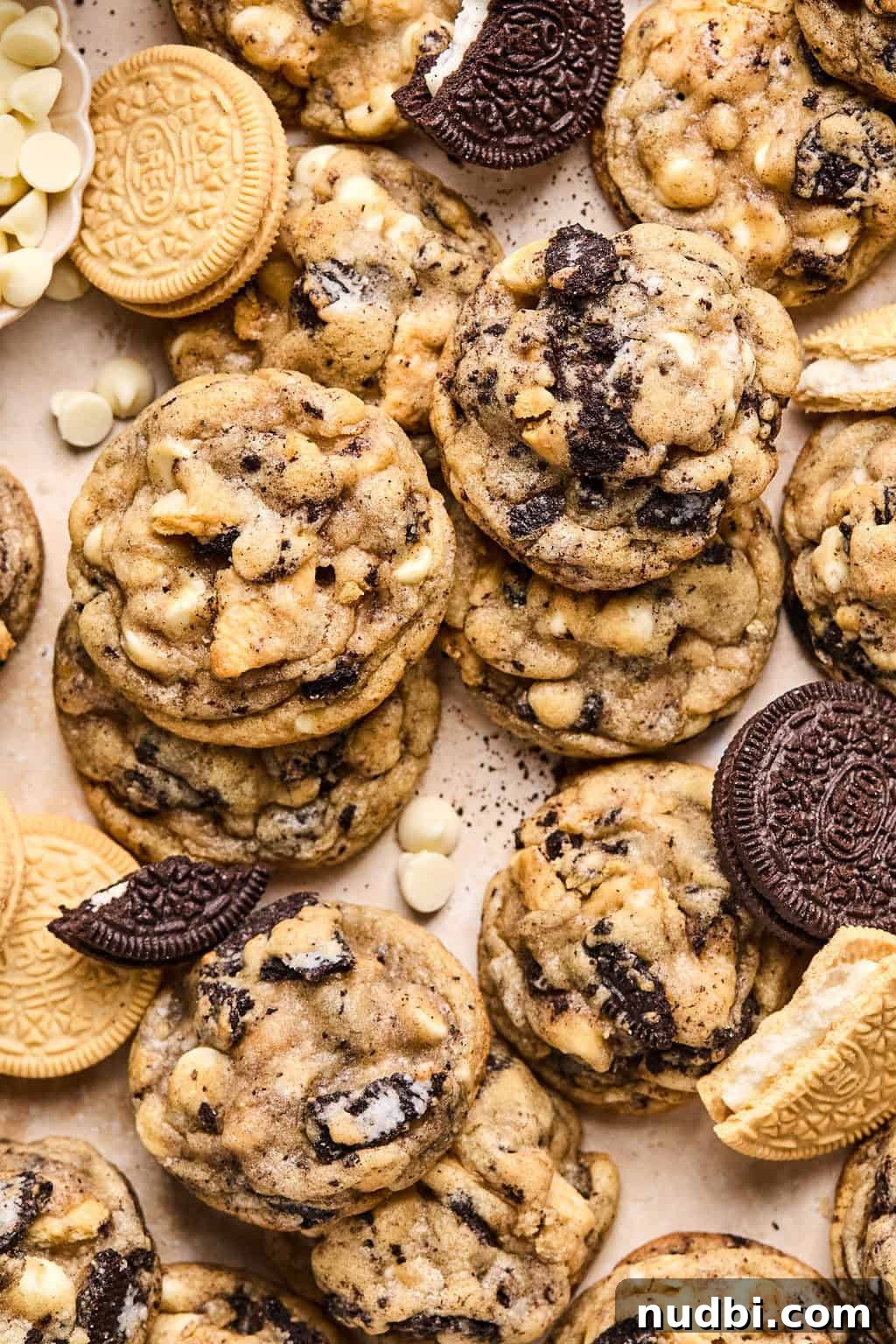 Oreo Chocolate Chip Cookies Recipe — Chewy Oreo-Stuffed Treats 2 Oreo chocolate chip cookies with golden Oreos and regular Oreos and white chocolate chips scattered on a surface.