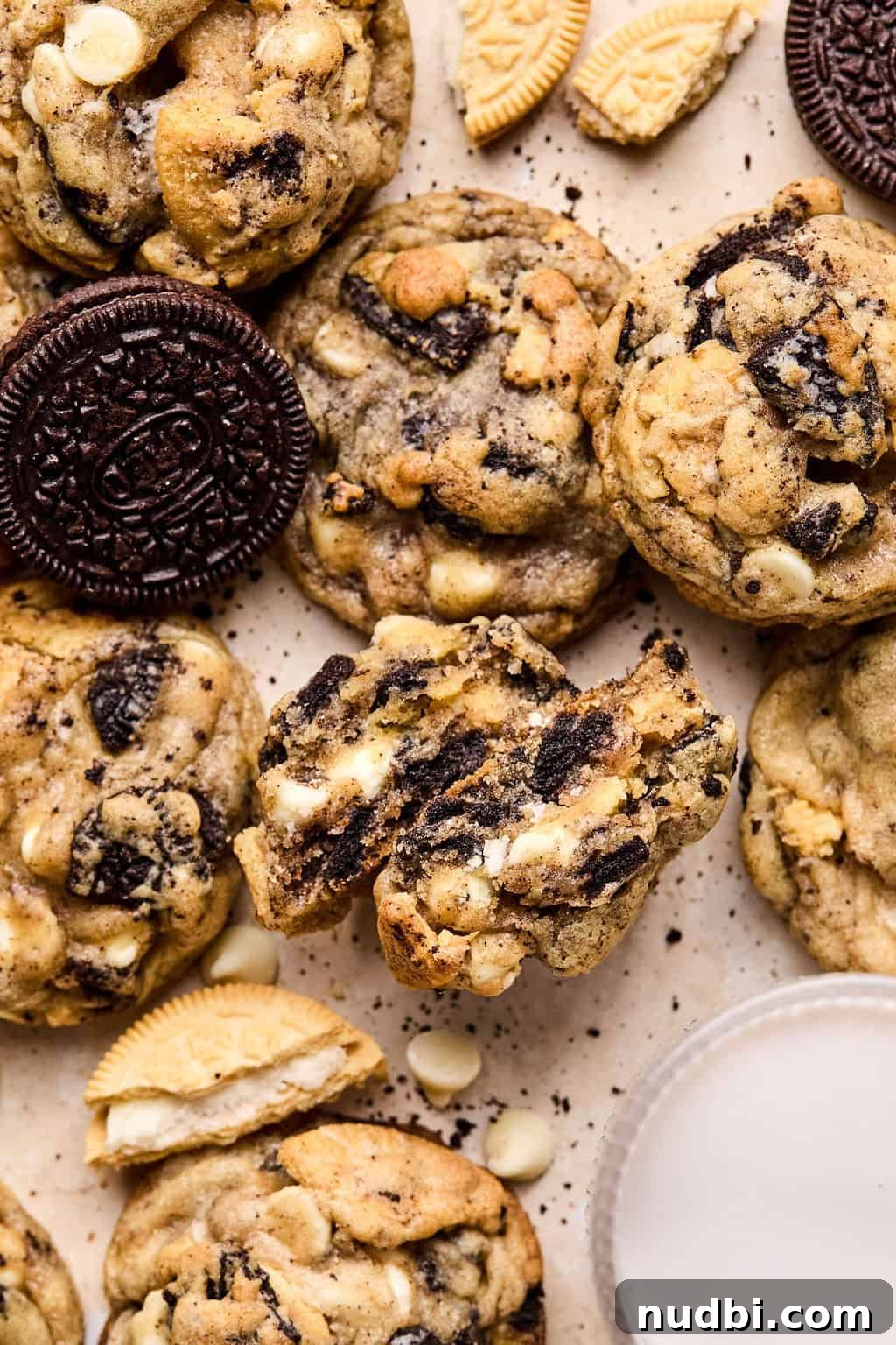 Oreo Chocolate Chip Cookies Recipe — Chewy Oreo-Stuffed Treats 16 Oreo chip cookies on surface with one broken in half to show inside.