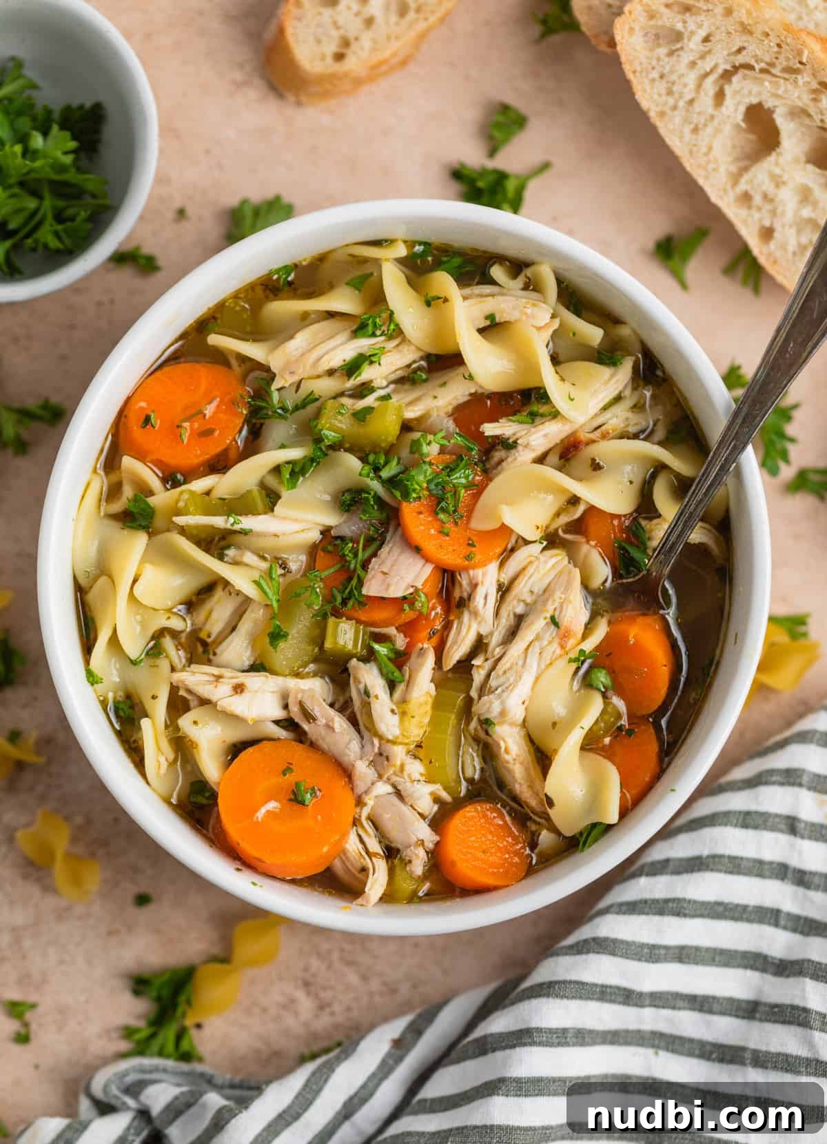 Rotisserie Chicken Noodle Soup Recipe for Quick Weeknight Meals 2 Rotisserie chicken noodle soup in bowl with soup spoon topped with chopped parsley.