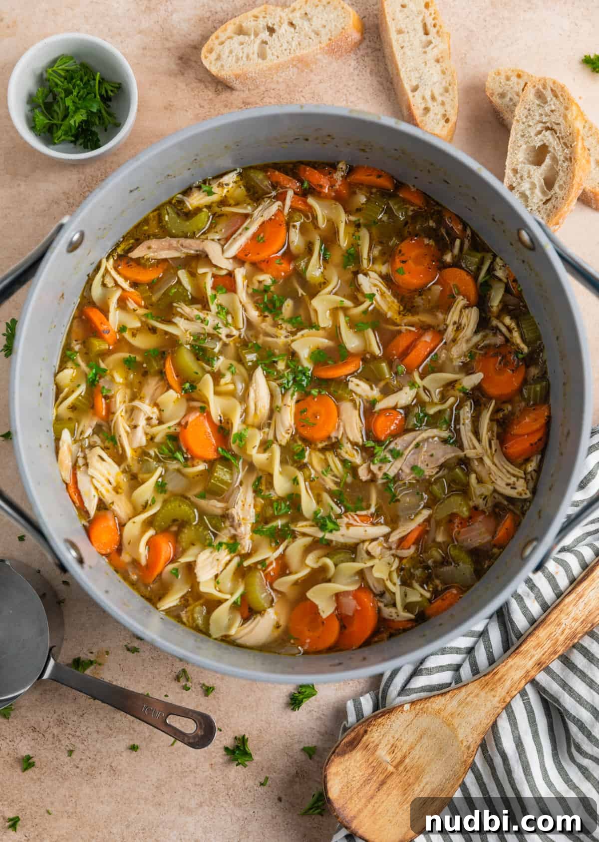 Rotisserie Chicken Noodle Soup Recipe for Quick Weeknight Meals 3 Pot of chicken noodle soup with spoon, bread, parsley surrounding the pot.