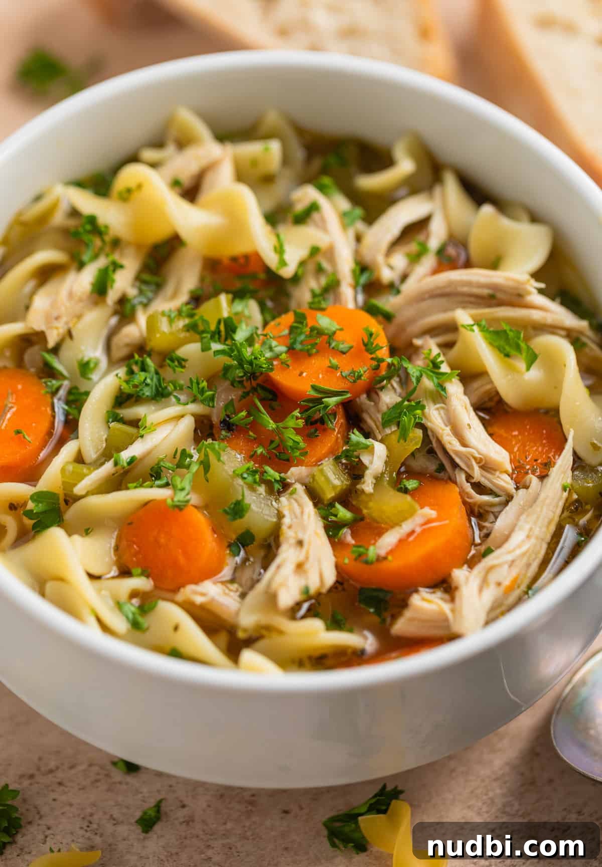 Rotisserie Chicken Noodle Soup Recipe for Quick Weeknight Meals 4 Close up view of bowl with rotisserie chicken noodle soup with chicken chunks, carrots, celery and parsley chopped on top.