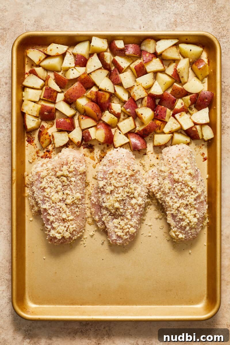 Parmesan-Crusted Chicken Sheet Pan Dinner Recipe 8 Chicken added to sheet pan with quartered red potatoes.