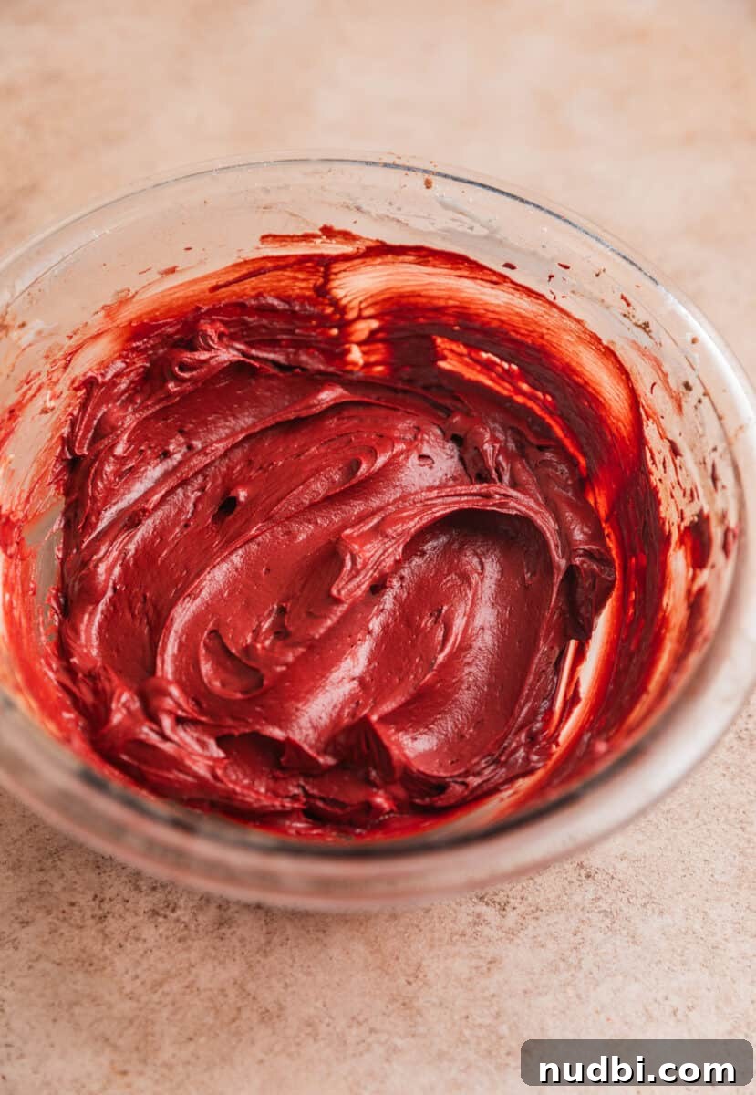 Red Velvet Cheesecake Dip Recipe — Creamy Party Dessert Dip 7 Red velvet dip mixture before adding whipping cream to bowl.