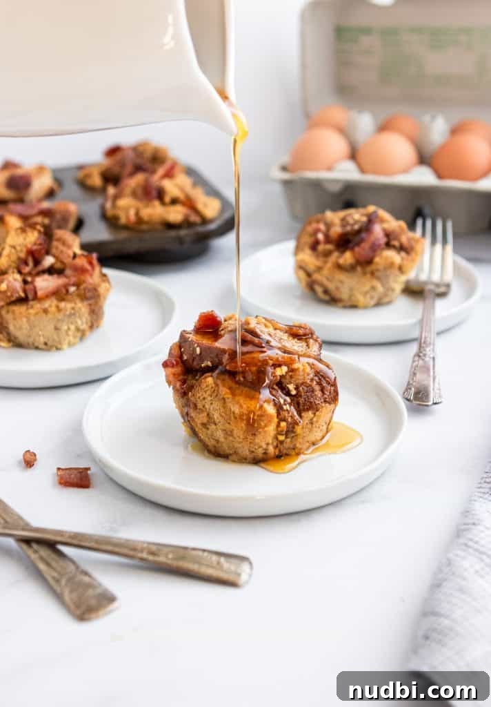 Maple Bacon French Toast Muffins Recipe for Brunch or Breakfast 2 Maple drizzling onto Maple Bacon French Toast Muffin.